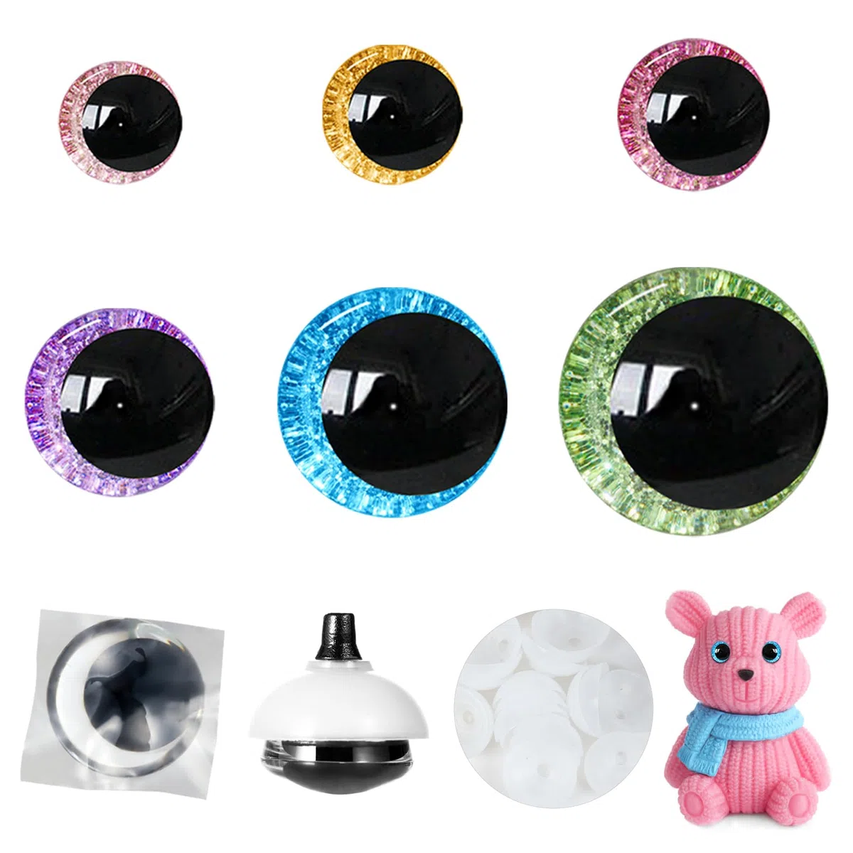84 Stück 3D-Glitzer-Sicherheitsaugen, 16–35 mm, Mond-Sicherheitsaugen zum Häkeln, mit Unterlegscheiben, große Sicherheitsaugen für Amigurumi, Häkelaugen für Stofftiere, Puppenherstellung