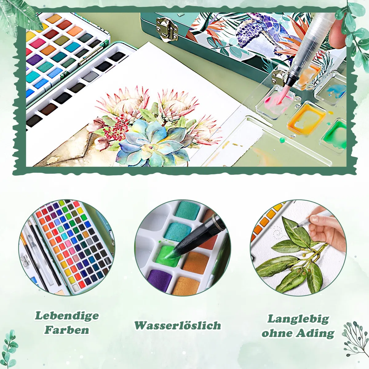 Aquarellfarben Set mit 128 Farben- Watercolor Paint in Tragbarer Box - Aquarell für Kinder Erwachsene Reisen Glitzer Wasserfarben Inklusive Zeichenstift Pinsel und Stift fur Kunstler und Hobbyisten