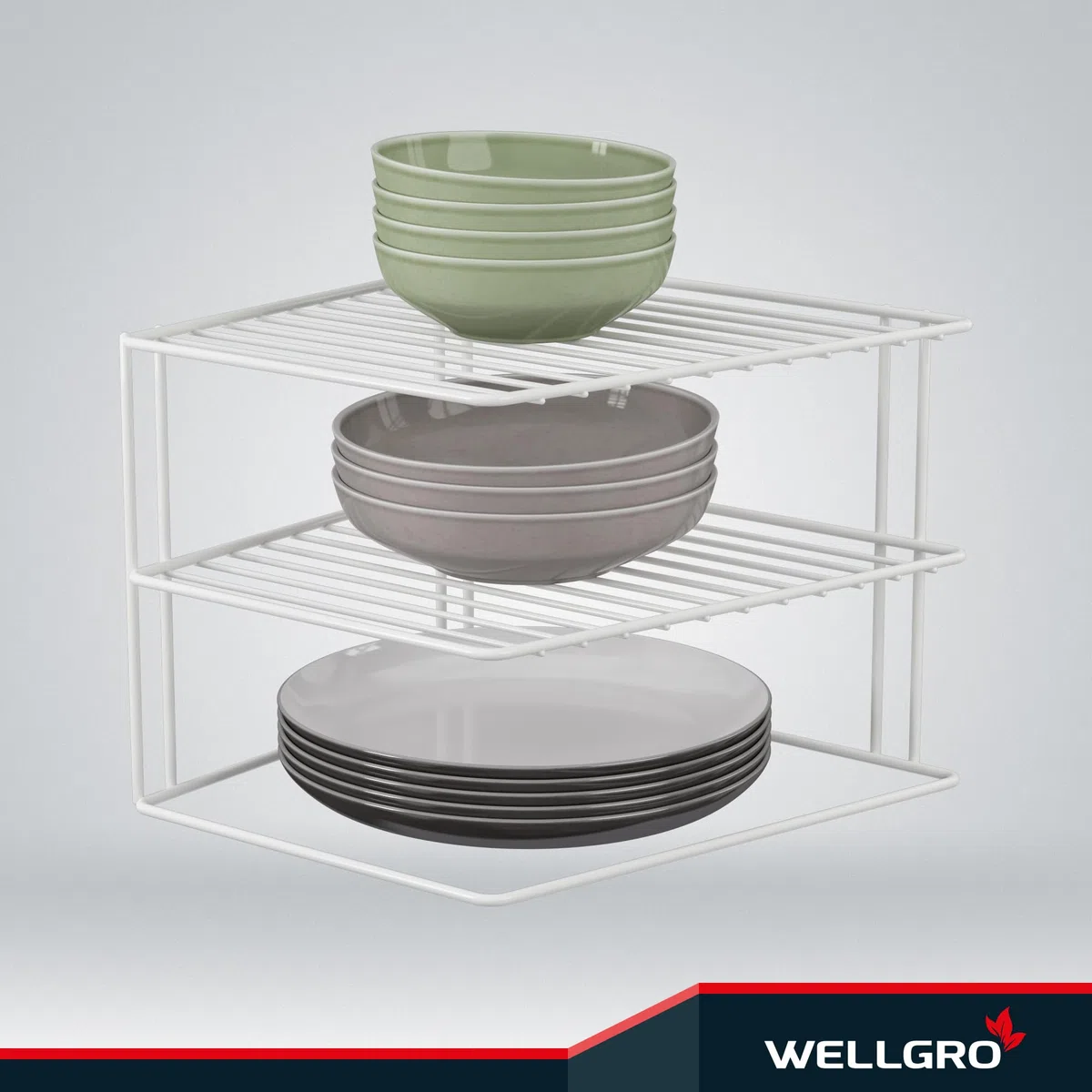 Quantio WELLGRO 2er Set Schrankregal Weiß – 2-Etagiges Metalltellerregal für Schrank und Vorrat – Platzsparender Küchenorganizer, stapelbar, 25x25x20 cm