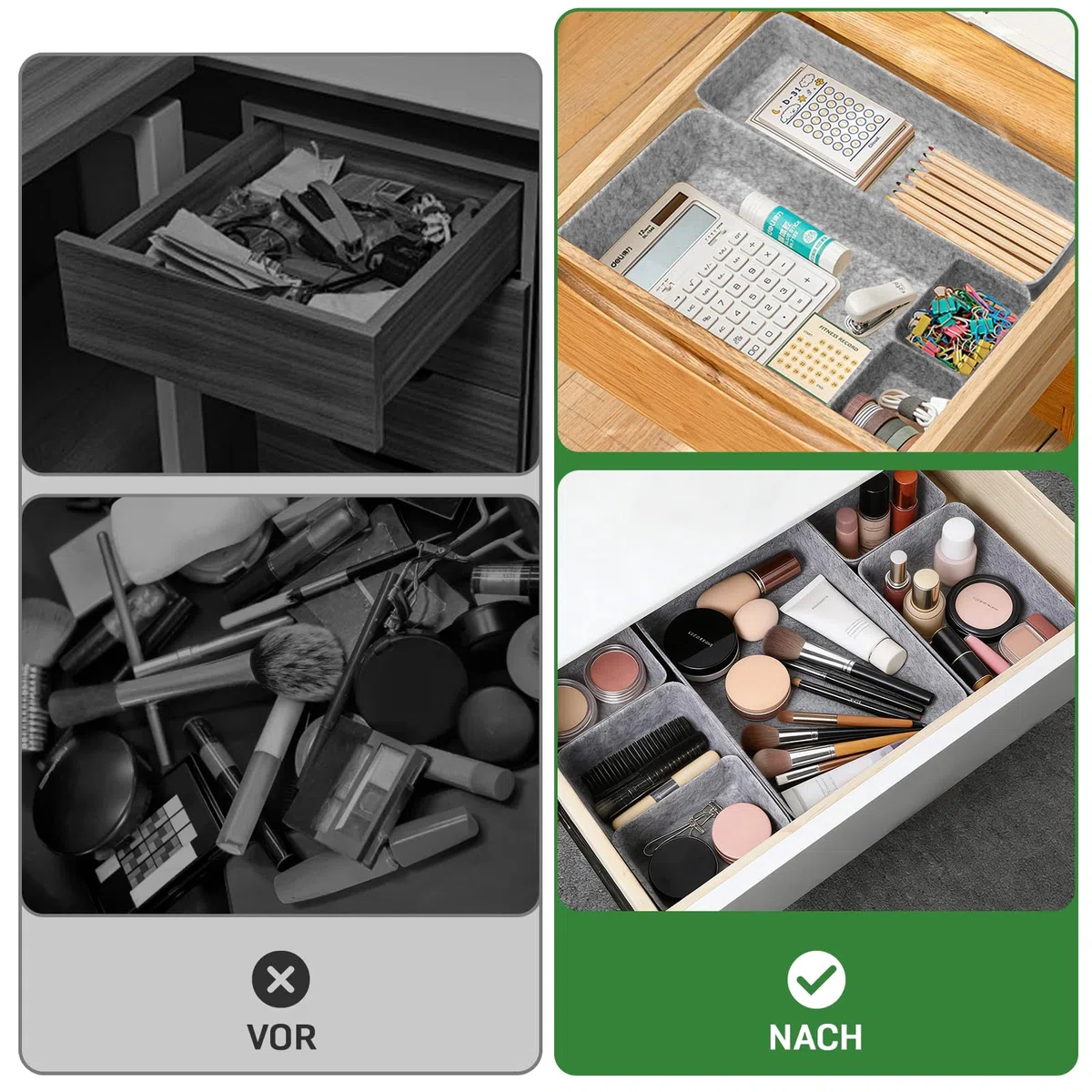 Captainfive 8 Stück Schubladen Organizer, Stapelbare Filz-Aufbewahrungsboxen, Schubladen Ordnungssystem für Schreibtisch, Schminktisch, Nachttisch, Schrank, Passend für IKEA (Hellgrau)