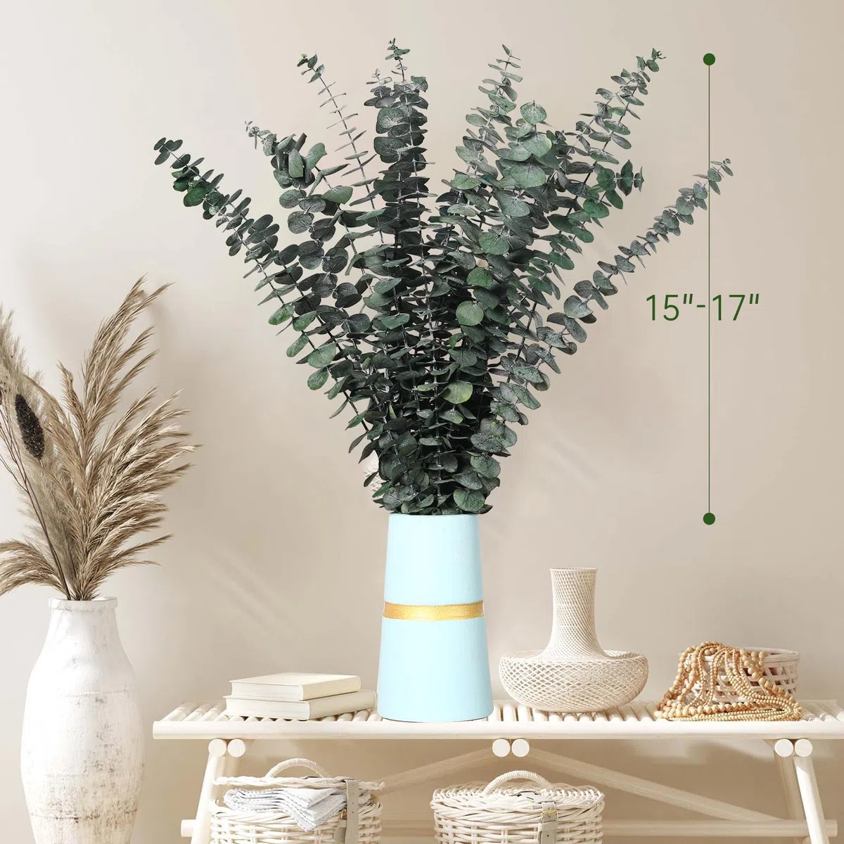 Getrocknete Eukalyptusäste, Packung mit 16 natürlichen echten grünen Eukalyptusblättern, 44 cm erhaltene Eukalyptuspflanze für Hochzeiten, Blumenarrangements, Raumduft und Vasen-Dekoration