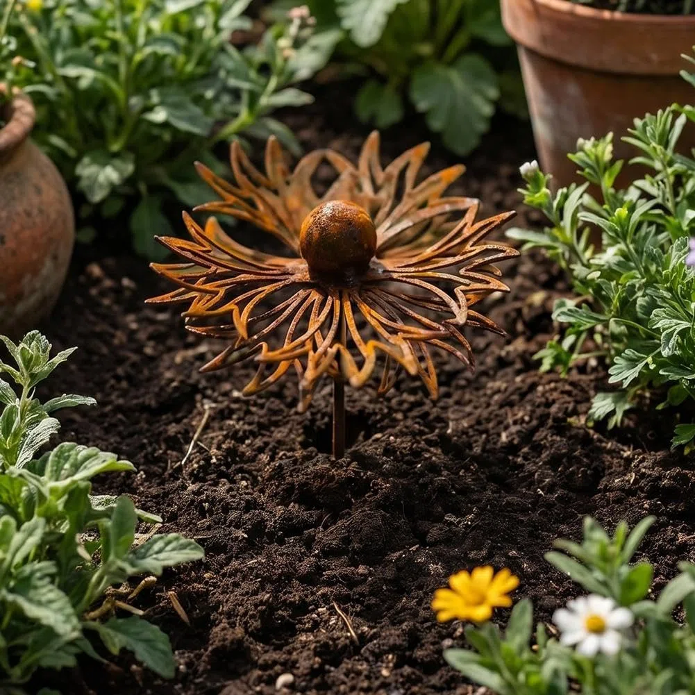 Rostige Metall-Gartenstecker mit Wildblumen, 15 x 60 cm, Vintage-Stil, rostfreies Eisen, Kornblumen-Hofkunst, wetterfeste Steckdekoration für Rasen, Blumenbeet, Terrasse, Pflanzgefäß (1 Stück)