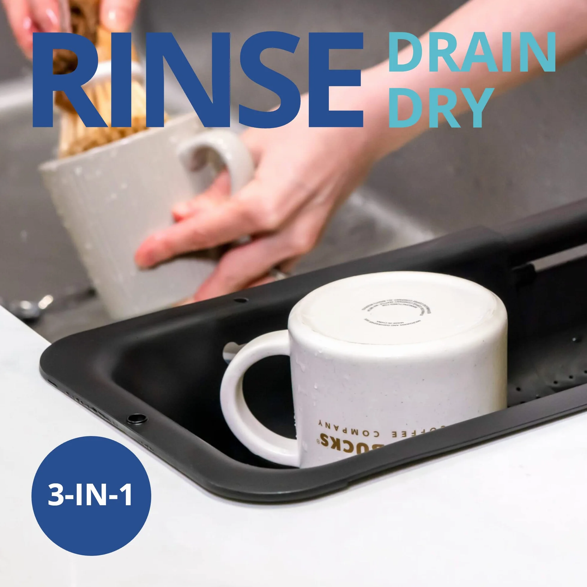 BLUE GINKGO Siebkorb über der Spüle – Gemüse und Obst waschen, gekochte Nudeln abtropfen lassen – ausziehbar – Küchenutensilien (20 B x 37~49 L x 7 H) cm – Schwarz