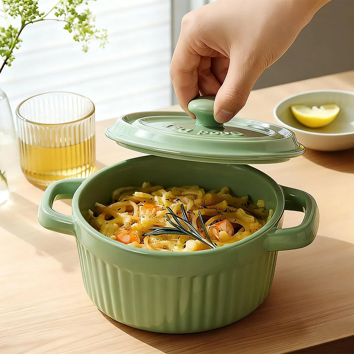 2er Mini Cocotte mit Deckel 250ML, Runde Auflaufform Klein, Keramik Auflaufformen mit Griffen für Lasagne, Soufflé, Gemüse, Creme Brûlée, für Heißluftfritteuse, Backofen, Mikrowellenherd, Grün