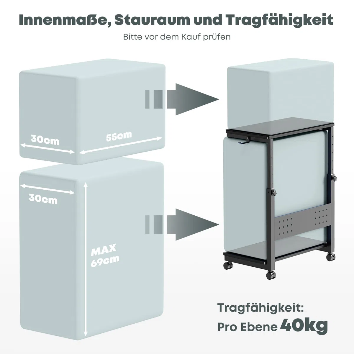 Computer Tower Ständer mit Rollen - Höhenverstellbar von 50.5 cm bis 80.5 cm, 2 stöckiger PC Ständer mit Rollen und Maus Pad, Max. Belastung pro Ebene 40 kg für Gaming, Büro, Zuhause, Schwarz