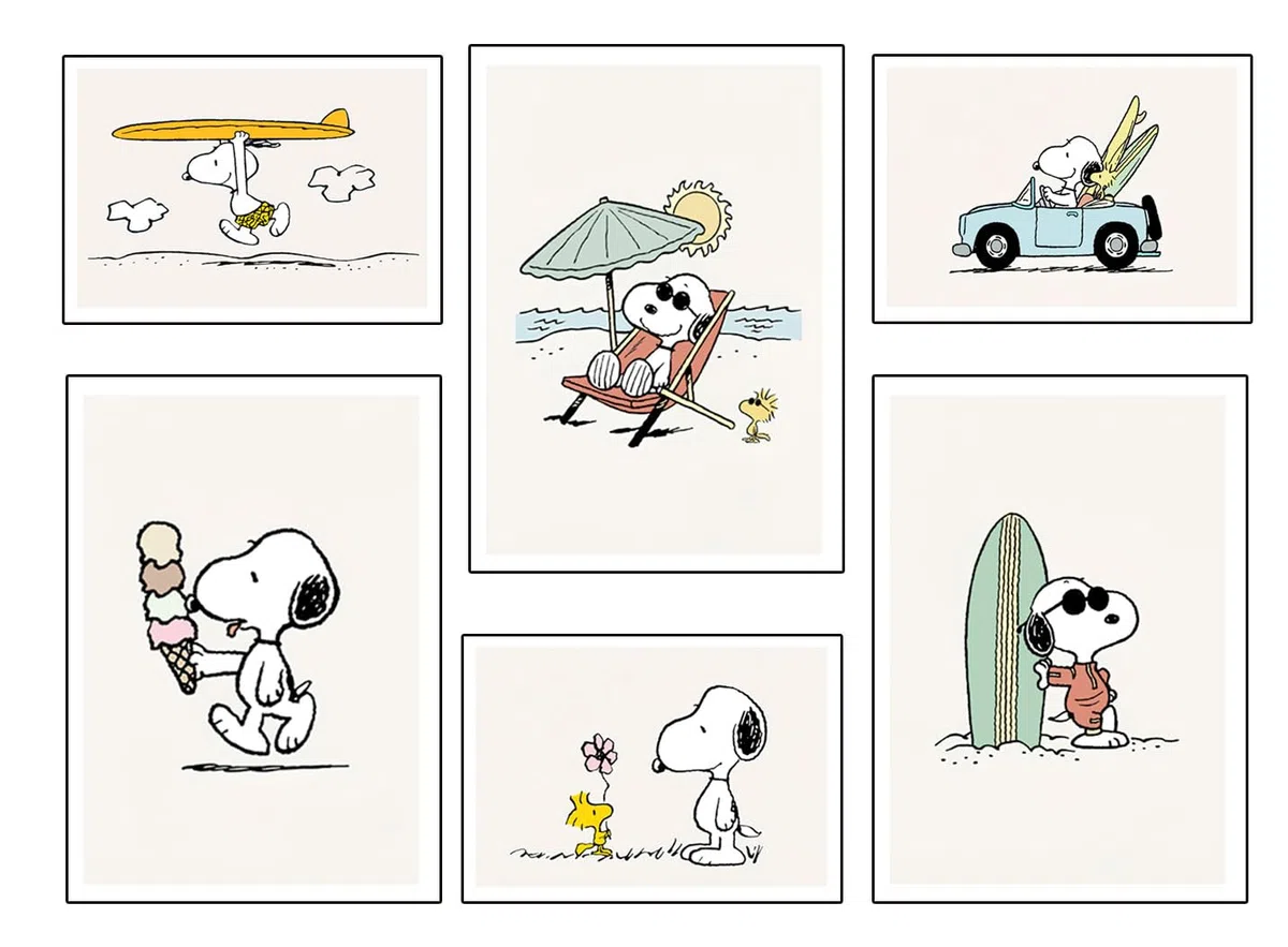 DKORARTE Set mit 6 dekorativen Wandbildern für moderne Wohnzimmer, Schlafzimmer, Zimmer, ohne Rahmen, Kinder, Zeichnungen, Plüsche, Snoopy (3 x A3 (41 x 29,7 cm), 3 x A4 (29,7 x 21 cm))
