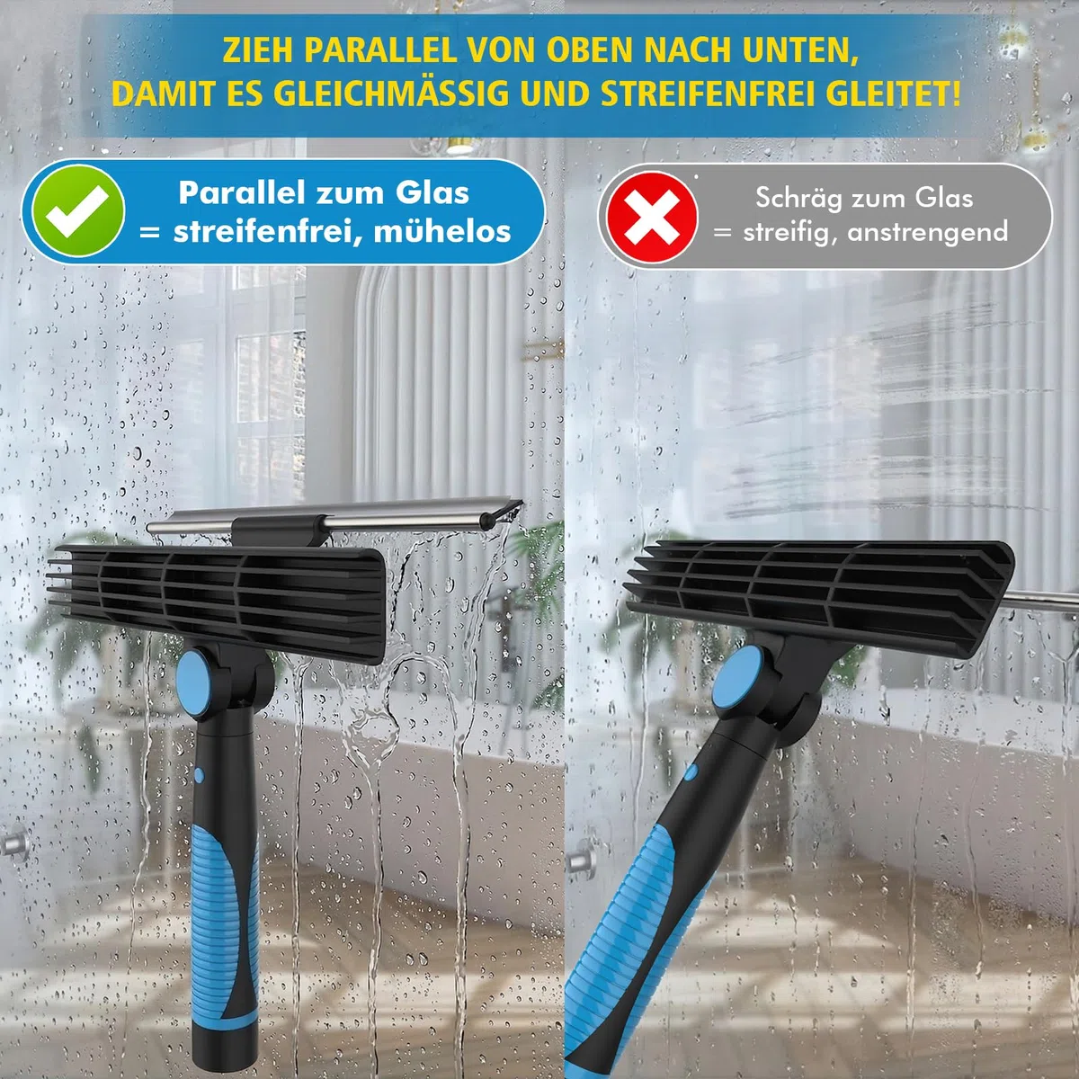 2M Fensterreiniger Set mit 400ml Glasreiniger, 2-in-1 Fensterreiniger & Fensterabzieher mit Teleskopstiel, Profi Fensterputzer Set Hocheffiziente Streifenfreie Reinigung für Fenster, Dusche, Spiegel