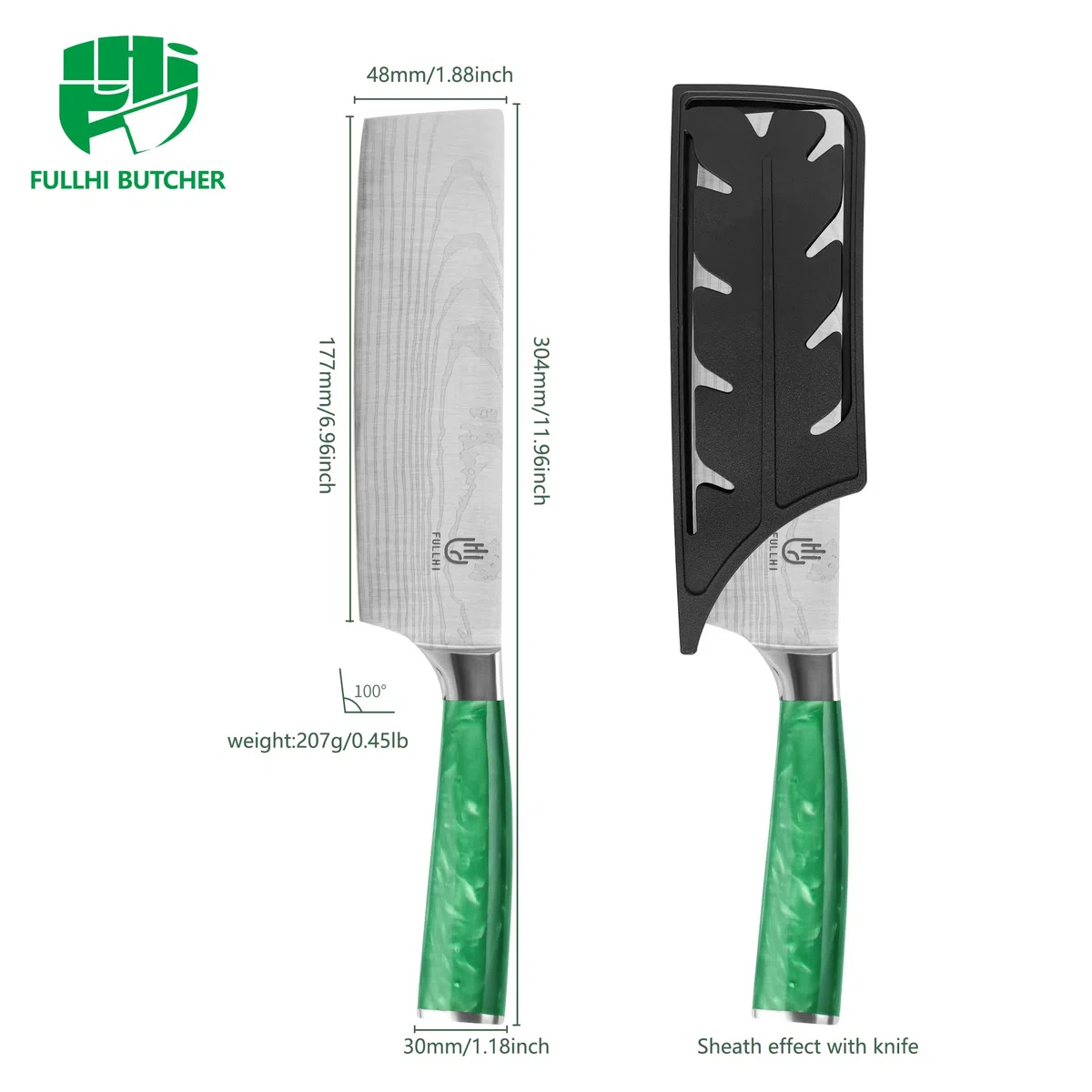 FULLHI Nakiri Messer,Multi Farbe 7 Zoll japanisches Messer mit Schutz Küchenmesser mit Scheide (Grünes Harz)