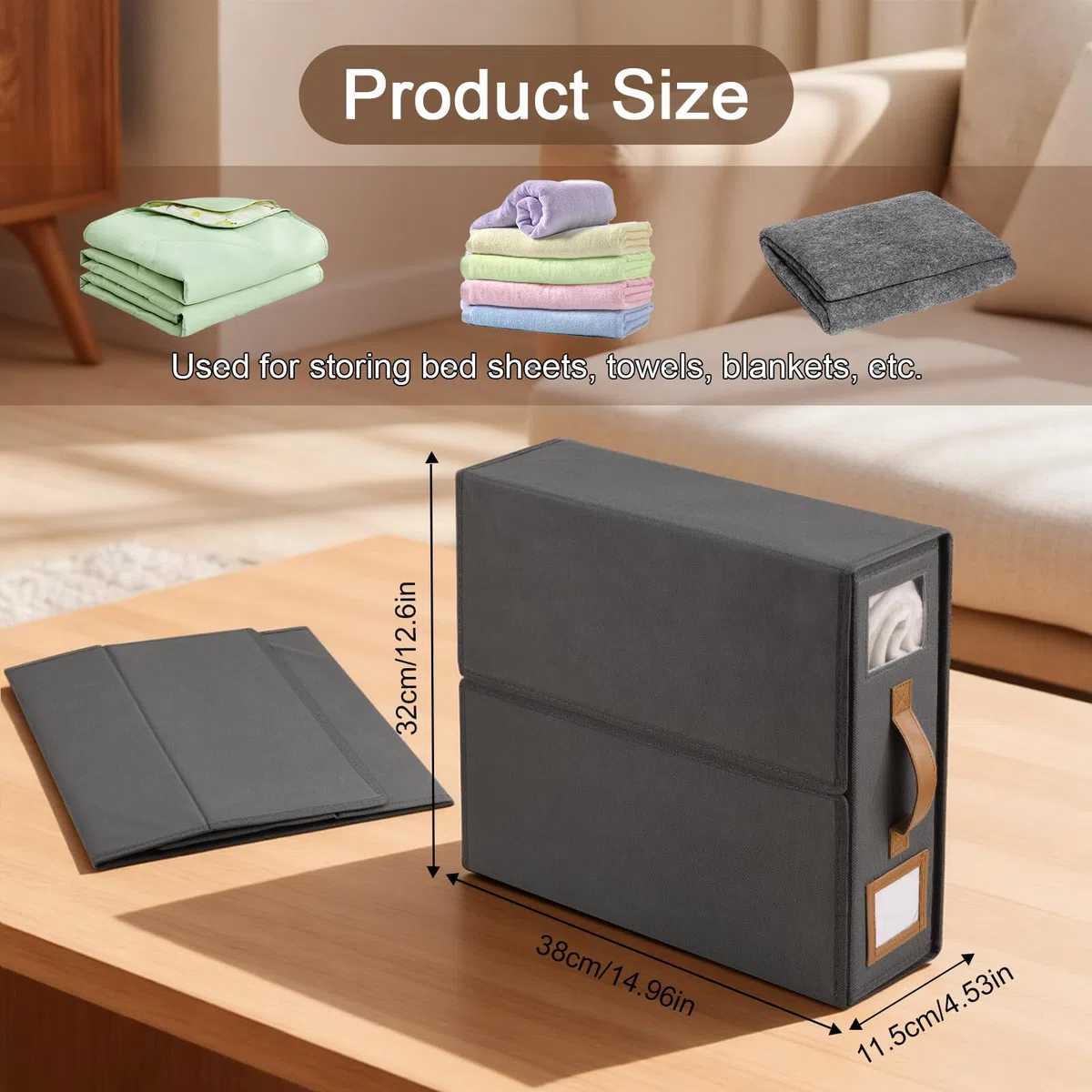 Zocipro 3 Stück Bettwäsche Aufbewahrung Organizer, 38 x 32 x 11,5 cm Faltbare Bettlaken Organizer mit Griff und Fenster, Bettwäsche organizer Box für Laken,Bettbezüge,Decken und Handtücher,Grau