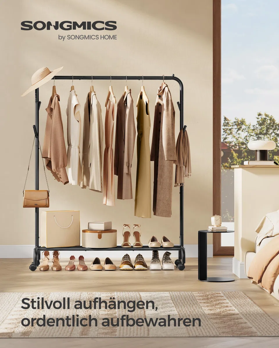 SONGMICS Kleiderständer auf Rollen, Kleiderstange, Garderobenstange, Garderobenständer aus Stahlrohren, bis 50 kg belastbar, 103,5 cm breit, multifunktionale Aufbewahrung, schwarz HSR131B01