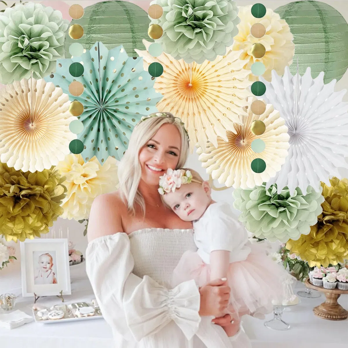 Salbeigrüne Partydekorationen Salbeigrünes Creme Gold Seidenpapier Pom Poms Papierfächer Olive Salbei Gold Kreispunkte Girlande für Salbei Geburtstag Babyparty Verlobung Brautparty Hochzeitsparty