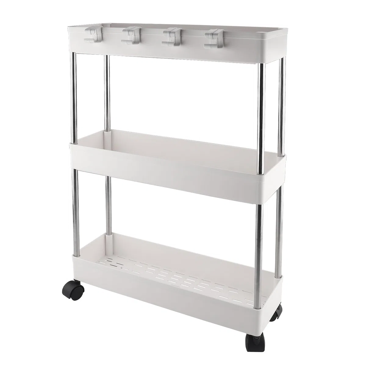 Rollwagen, Küchenwagen mit 3 Ebenen, Aufbewahrungswagen, Küchenregal, Nischenregal, für Drehbare Räder, Arretierbar, Bad, Küche, Büro, Wohnzimmer (Weiß)