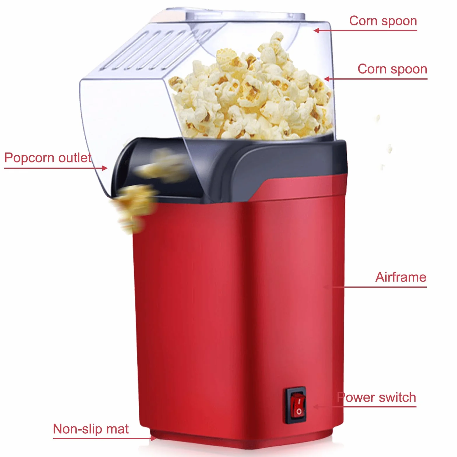 BAIFULAI 1200w Popcornmaschine, Mini Heißluft Popcorn Maker Gesund Ohne Öl Fett 2 Minuten One-Touch-Bedienung für Zuhause Filme Weihnachten Partys Fußballabend