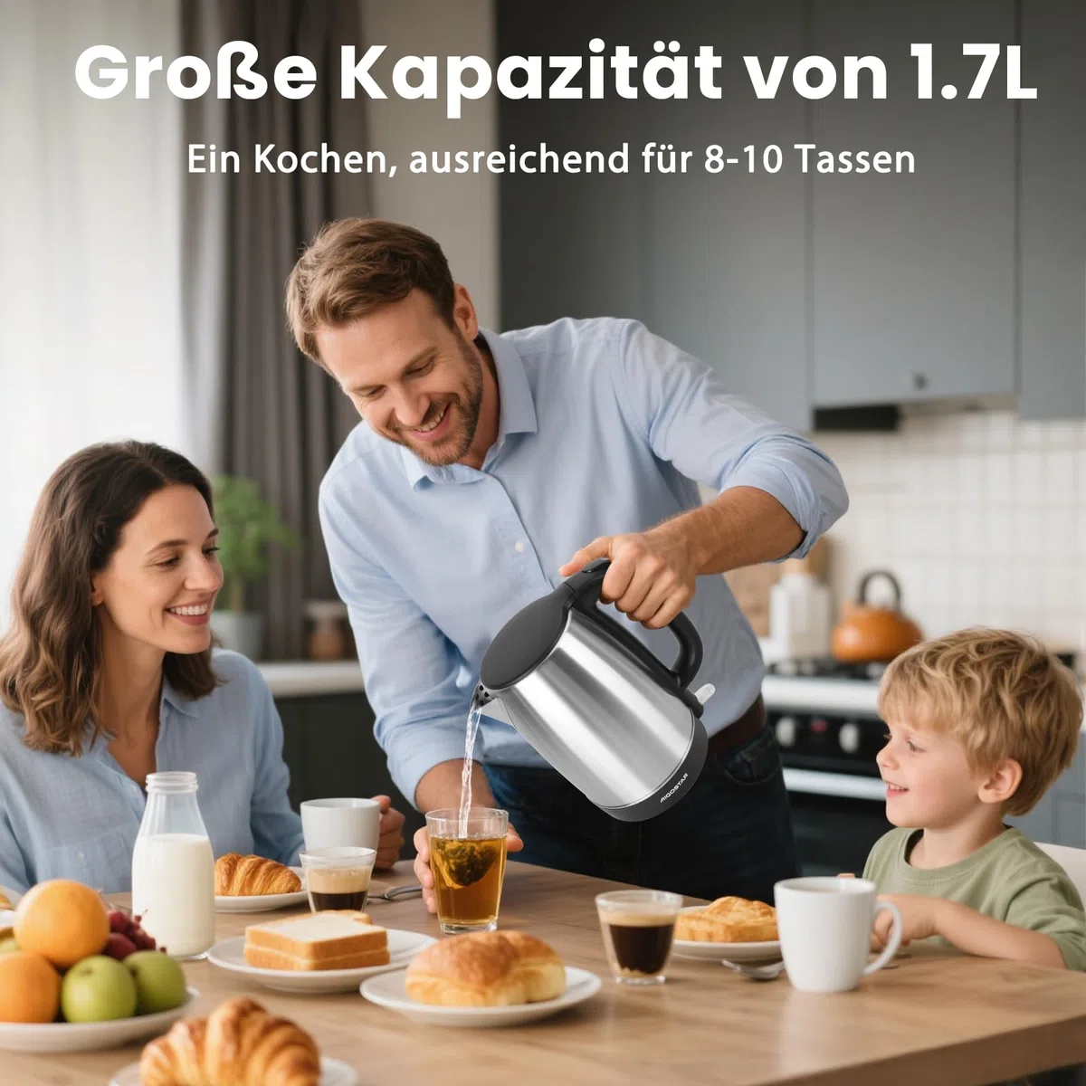 Aigostar Wasserkocher Edelstahl 1,7 L, 2200W Elektrischer Wasserkocher mit Kalkfilter, Kabellos, Abschaltautomatik, ideal für Tee, Kaffee, Babynahrung, BPA-Frei, Schwarz