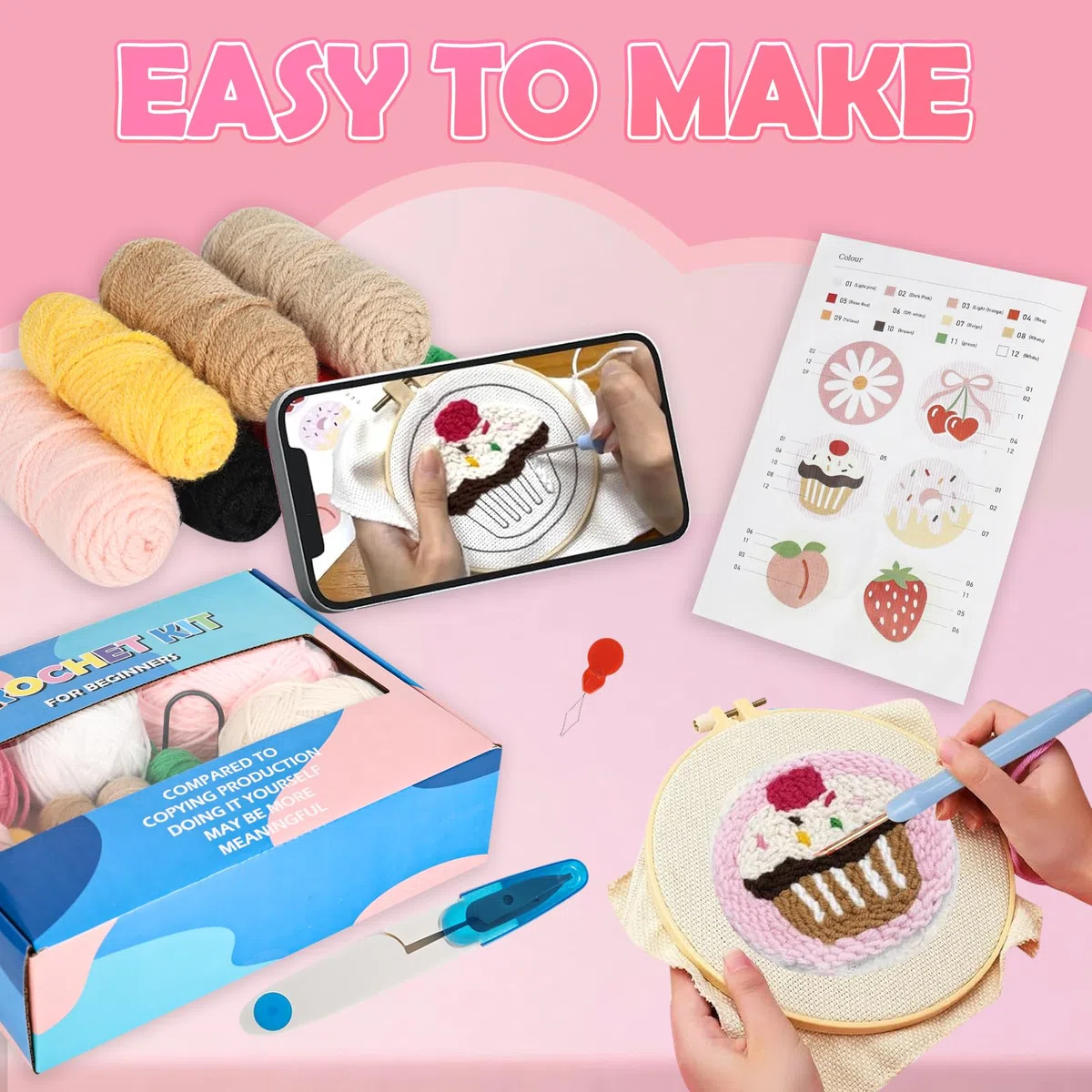 YYTECH 6 Stück Punch Needle Untersetzer Set, Punch Needle Set FüR AnfäNger, Craft Punch Needle Untersetzer, DIY Handwerk Stickerei Set Stickerei Coaster mit Anleitung für Anfänger Einfach