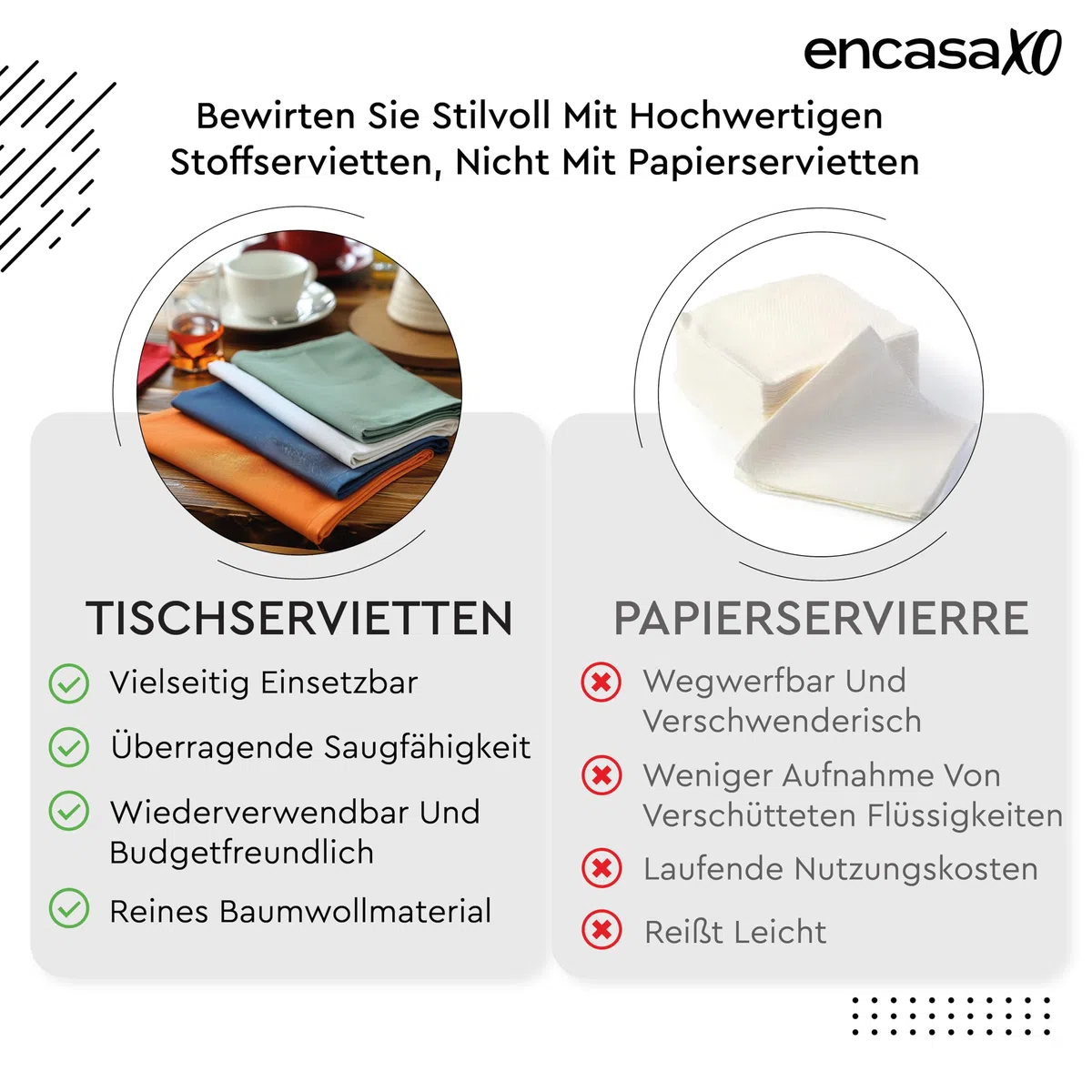 Encasa XO Stoffservietten Baumwolle 6er Set 43x43 cm | 180 GSM Baumwollservietten Natürlich | Waschbar & Wiederverwendbar | Servietten Stoff für Tischdeko, Hochzeit, Restaurant & Alltag