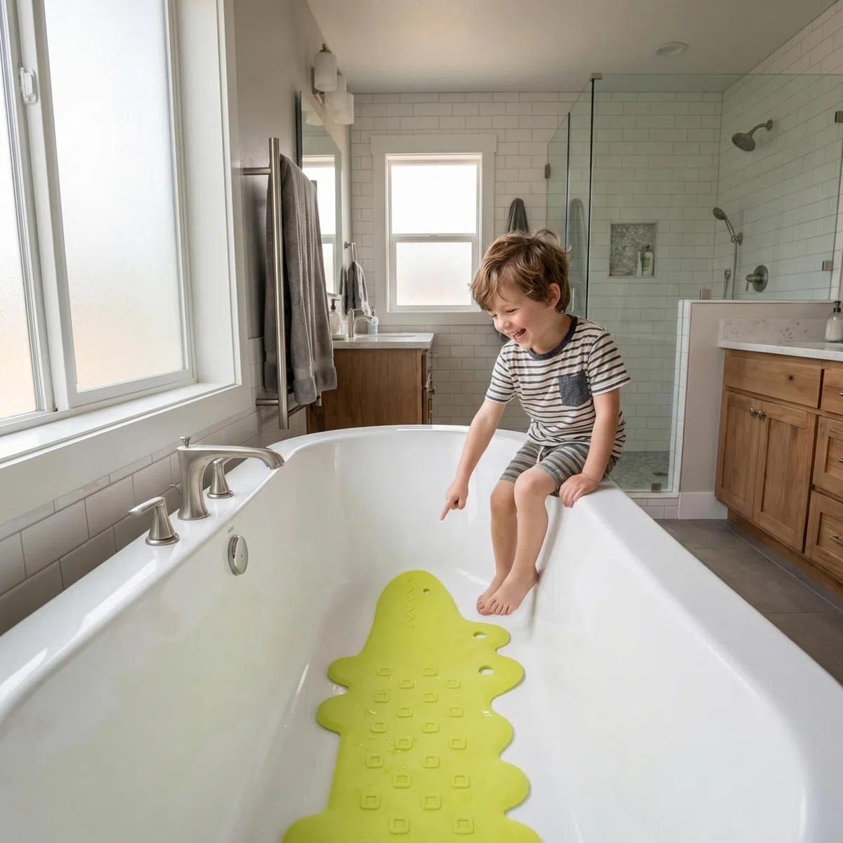 Ciieeo Badewannenmatte Kinder rutschfest, Lustiges Krokodil Antirutschmatte Badewanne für Baby und Kleinkind, BPA-Freie TPR Duschmatte mit Starken Saugnäpfen, Schimmelresistent Waschbar (Grün)
