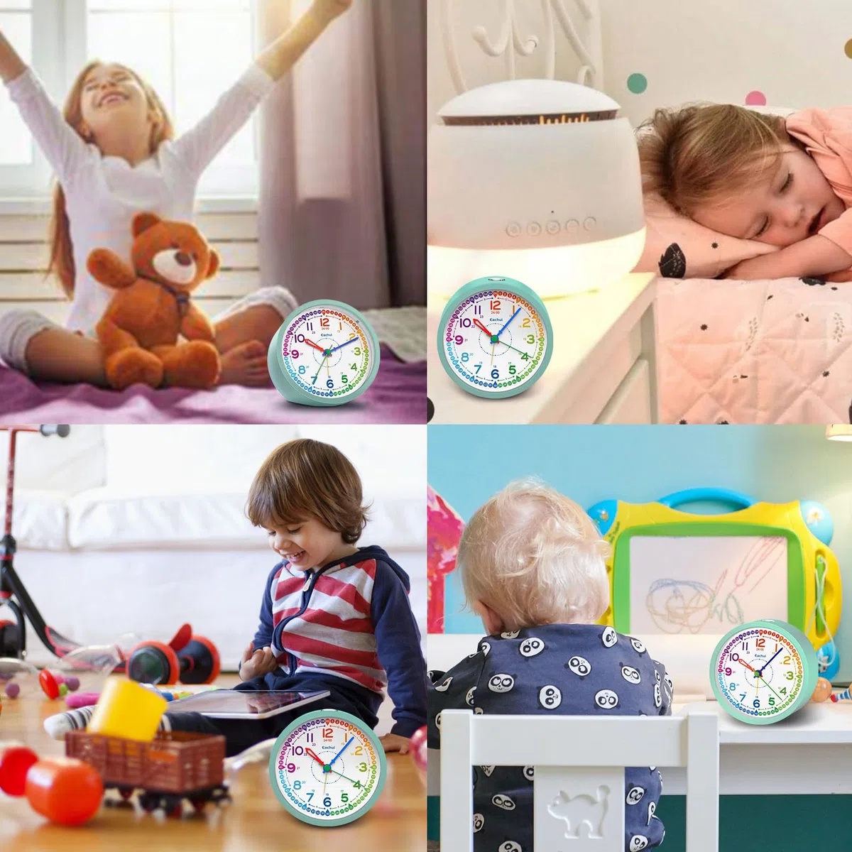 Eachui Analog Wecker Kinder ohne Ticken für Jungen und Mädchen - Lernwecker mit Nachtlicht, Snooze und batteriebetrieben analog Quarzwecker, einfach einzustellen(Grün)