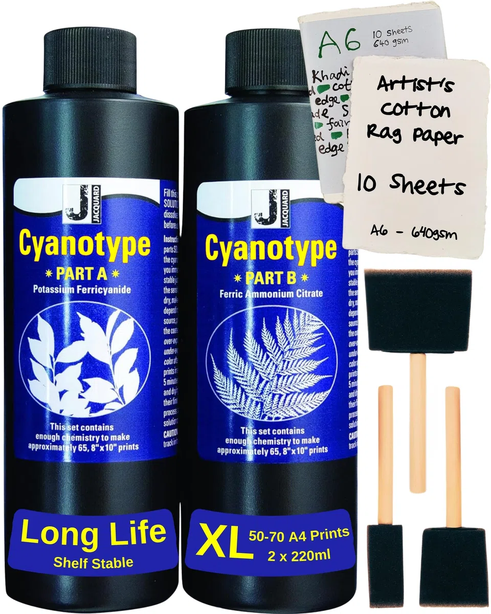 Creative Crafters Cyanotypie Kit mit Handgefertigtem Künstlerpapier, Schaumpinseln & Tipps Blatt - Cyanotype Kit zur Herstellung von Solar Fotopapier für Sonnenographie, Solardrucke