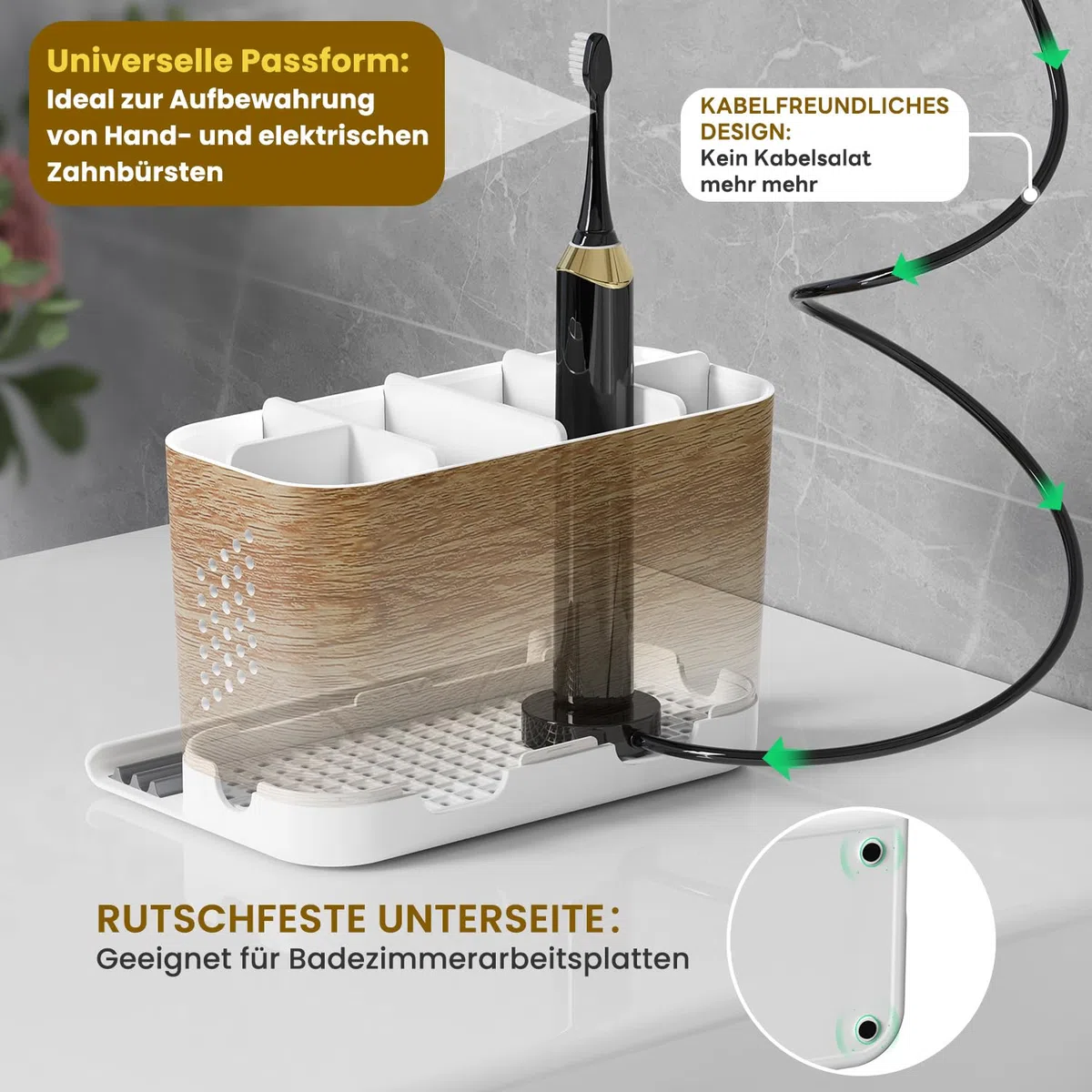 Zahnbürstenhalter Familie Groß Holzoptik Zahnbürsten Organizer mit Telefonhalter und Verstellbaren Trennwänden, Kabelfreundlicher 6 Fächer Zahnputz Organizer mit Ablauf für Familie, Kinder