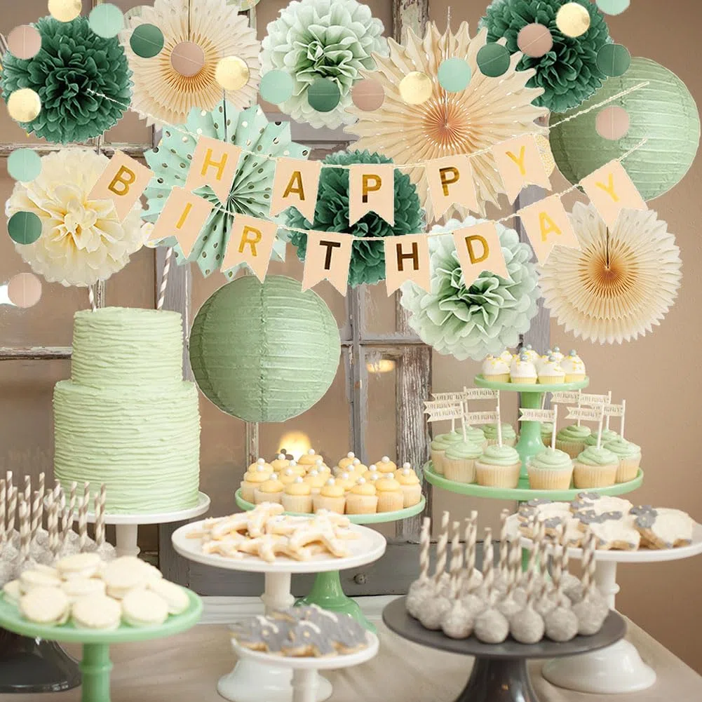 Geburtstagsdeko Grün Beige Mädchen Retro Olivgrün Geburtstagsdeko Salbeigrün Geburtstag Frauen Deko Salbei Creme Party mit Happy Birthday Banner Beige Gold