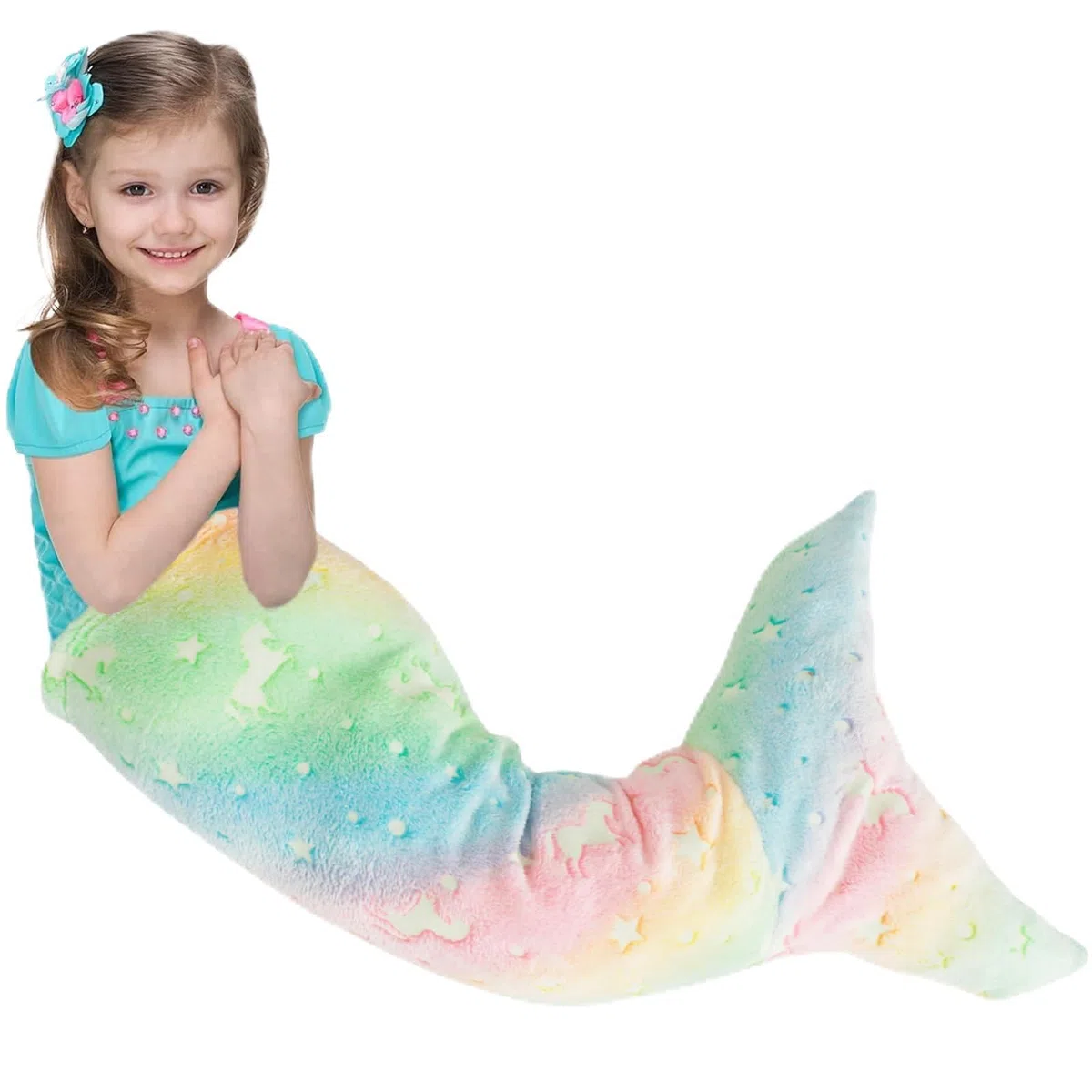 Meerjungfrau Decke Mädchen 100 * 50cm Meerjungfrauenflosse Mädchen Flanell 100% Polyester Flosse Meerjungfrau Kinder Leuchtend Muster Kuscheldecke Kinder Flosse Meerjungfrau Flossen für Mädchen