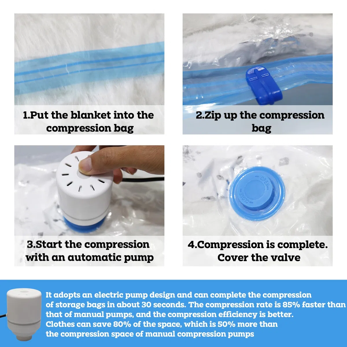 Vakuumbeutel für Kleidung mit Elektrischer Pumpe 10 Stück (4 Groß 80x60cm &3 Mittel 70x50cm &3 Kleine 60x40cm) Platzsparfunktion – für Kleidung, Bettwäsche, Reisen, Umzüge und tägliche Aufbewahrung