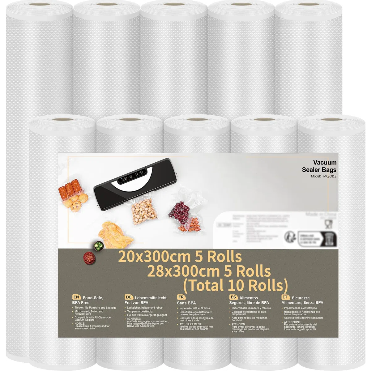 Vakuumierbeutel Rollen Vakuumierfolie 10 Rollen 20/28x300cm(30m), Profi- Folienrollen Vakuumierer Lebensmittel BPA-frei, stark & reißfest, für alle Vakuumierer & Sous Vide