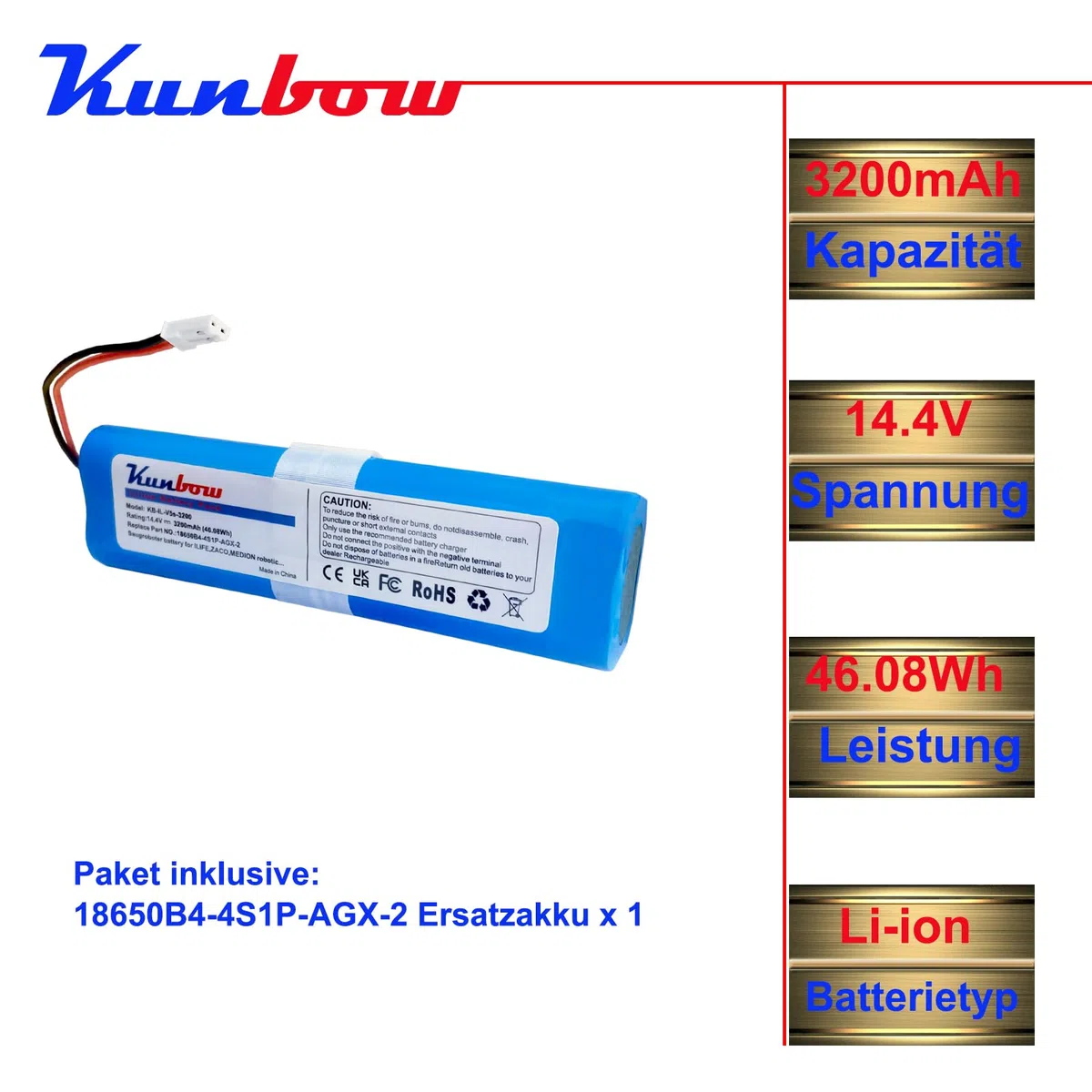 3200mAh Li-ion akku,Ersatzakku für iLife Zaco V5s Pro,V5x, V4, V3s Pro, V8s, V50, V80, V85 Home Cleaner Heimroboter, Ersatz für iLife 18650B4-4S1P-AGX-2 Akku.(14.4V / 46.08Wh)