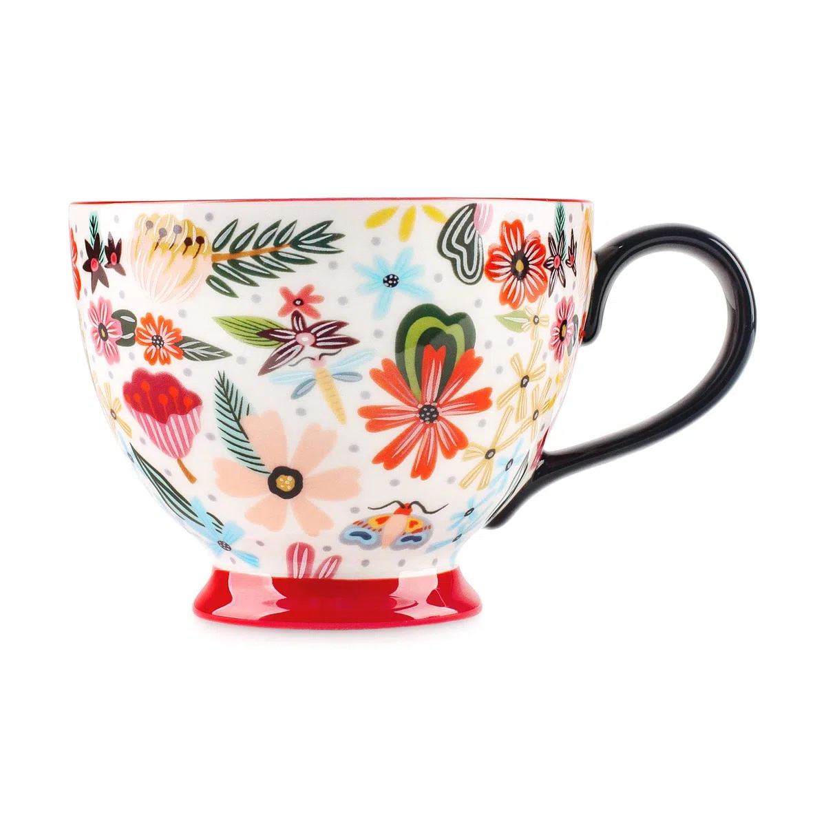 Berry President Handbemalte Keramiktassen mit Blumenmuster, 15 OZ, große Tassen für Milch, Kaffee, Cappuccino, Tee, Kakao, Frühstücks-Haferflockentassen (Bunte Blume rot)
