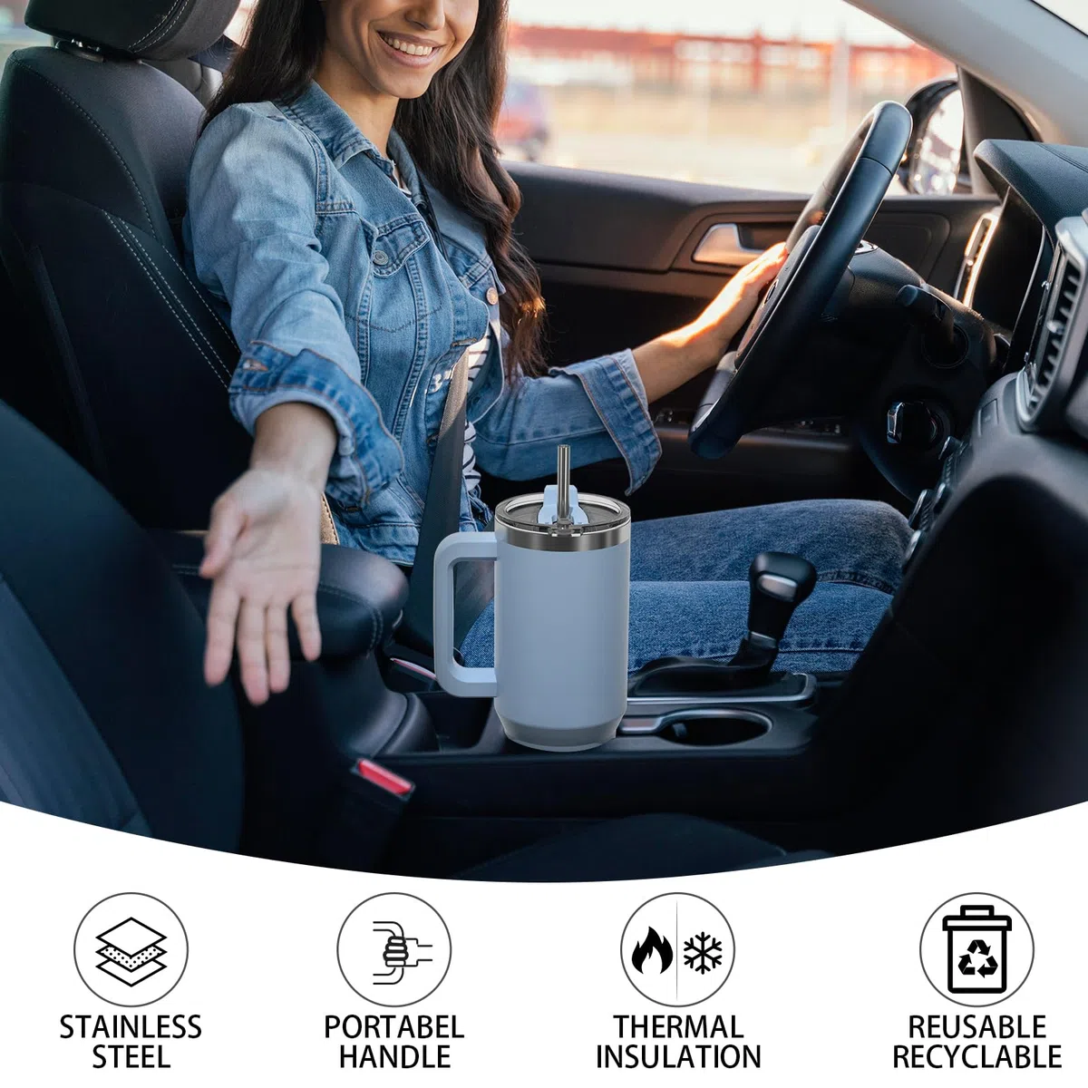 WATERSY 40oz Kaffeebecher to Go Thermobecher Doppelwandiger Edelstahl Vakuum Auslaufsicher Trinkbecher mit Griff und Strohhalm, Tragbare Autobecher Thermal Tumbler Smogblau für Kalte Heiße Getränke