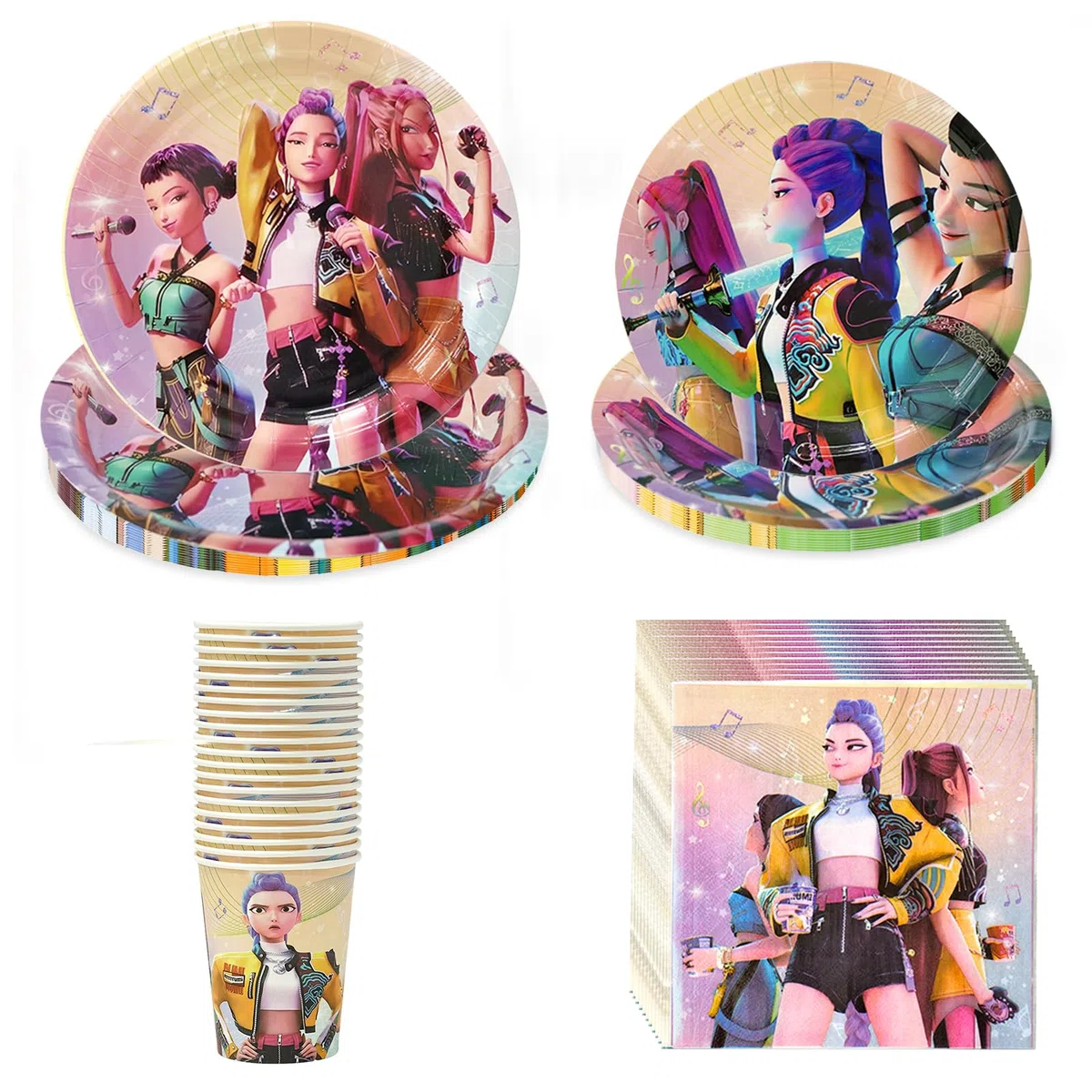 Huntrix Partygeschirr Set, 80 Stück Pappgeschirr für 20 Personen mit Pappteller Servietten, Bunte Große & Kleine Papier Teller, Cool Geburstag Party Geschirrset Tischdeko Zubehör für Mädchen