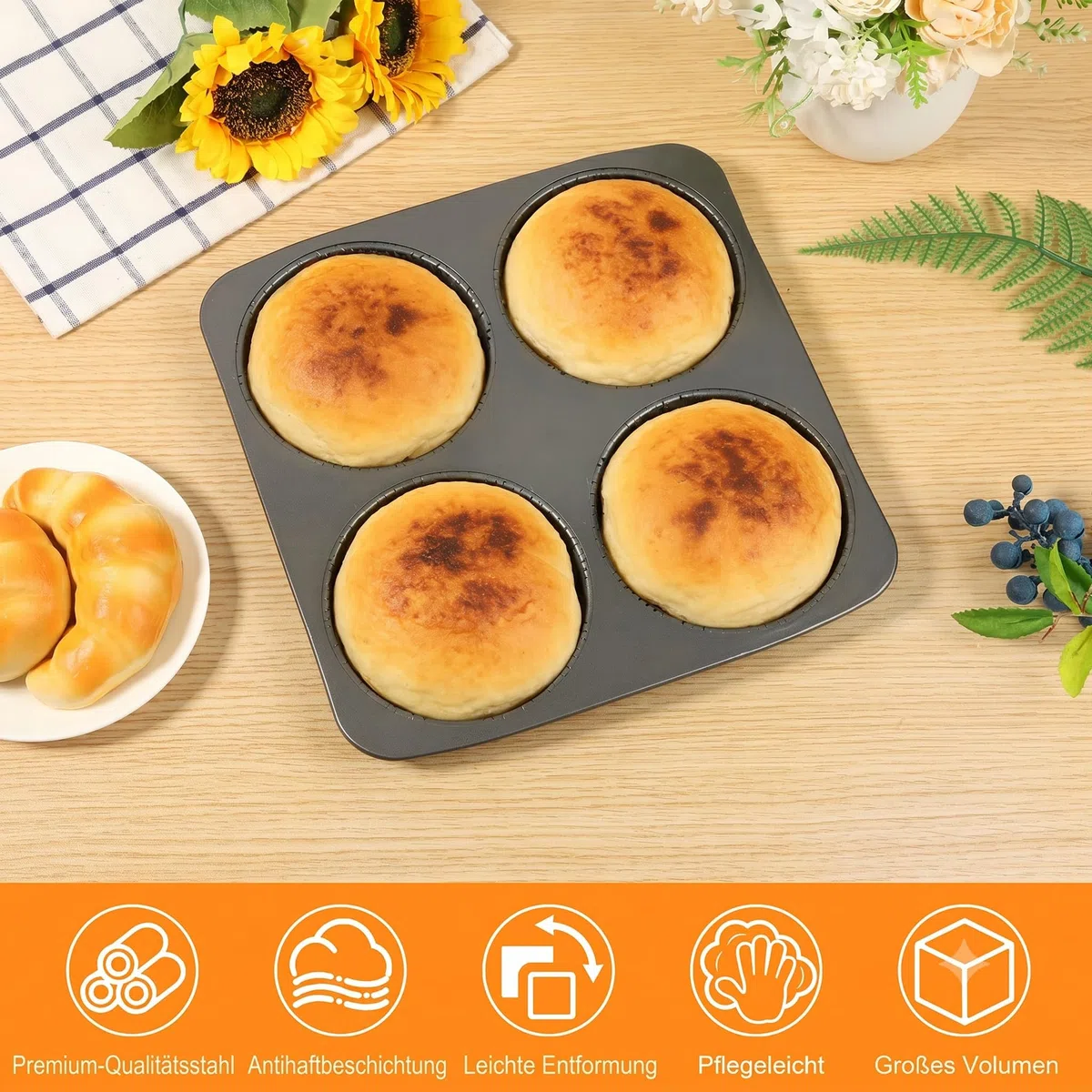 Burger Buns Backform, Perforierte Backform für 4 Burger Buns aus Karbonstahl, Brötchenblech Hitzebeständig bis 450°C, Perfekte Backergebnisse dank Antihaftbeschichtung, leicht zu reinigen
