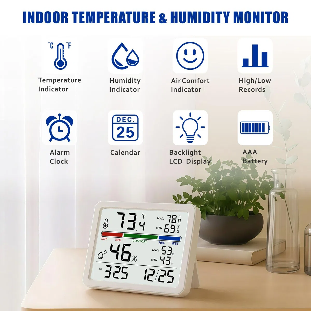 Digitales Thermometer-Hygrometer, Innenwandthermometer mit Hintergrundbeleuchtung, Digitaler Wecker, Datumsanzeige, Luftkomfortanzeige, Max-/Min-Speicher, Tischthermometer für zu Hause, Weiß
