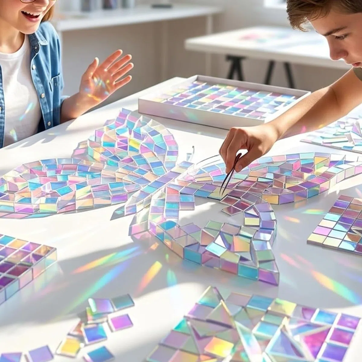 100PCS Acryl Mosaiksteine Zum Basteln,2*2CM Irisierende Acrylquadrate,Quadratische Schillerndes Buntglas,Mini Holografische Mosaikfliesen,Für Teller,Bilderrahmen,Blumentöpfe Und Mehr Dekoration,Kiuiom