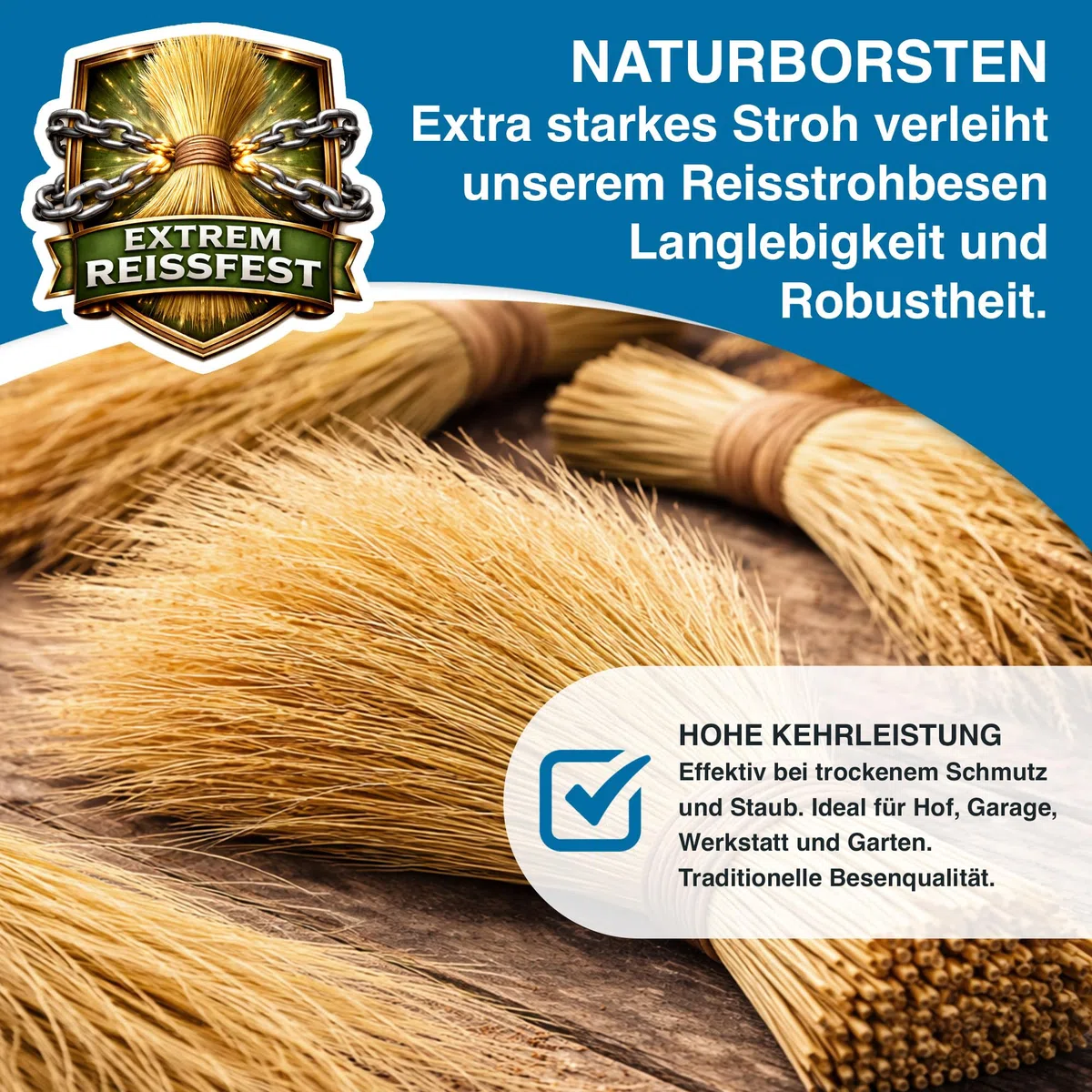 Peggy Perfect - Hochwertiger Strohbesen, Reisstrohbesen mit 5-facher Naht, Buchenholzstiel und extra dickem Reisstrohbesatz. Gesamtgröße 141x34x5cm. Naturprodukt aus nachhaltigen Materialien.