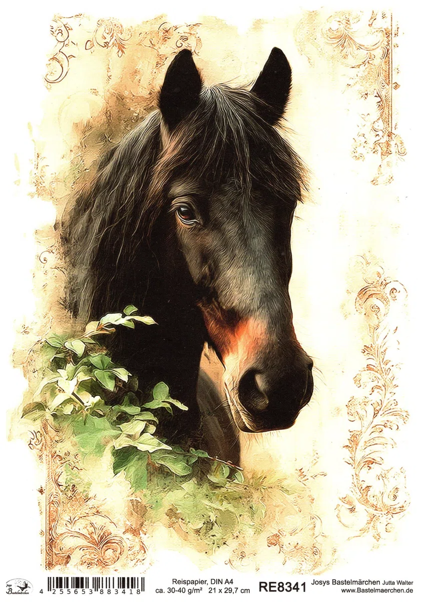 Reispapier DIN A4 Decoupage Kollektion süße Tiere schwarzes Pferd Pferde RE8341