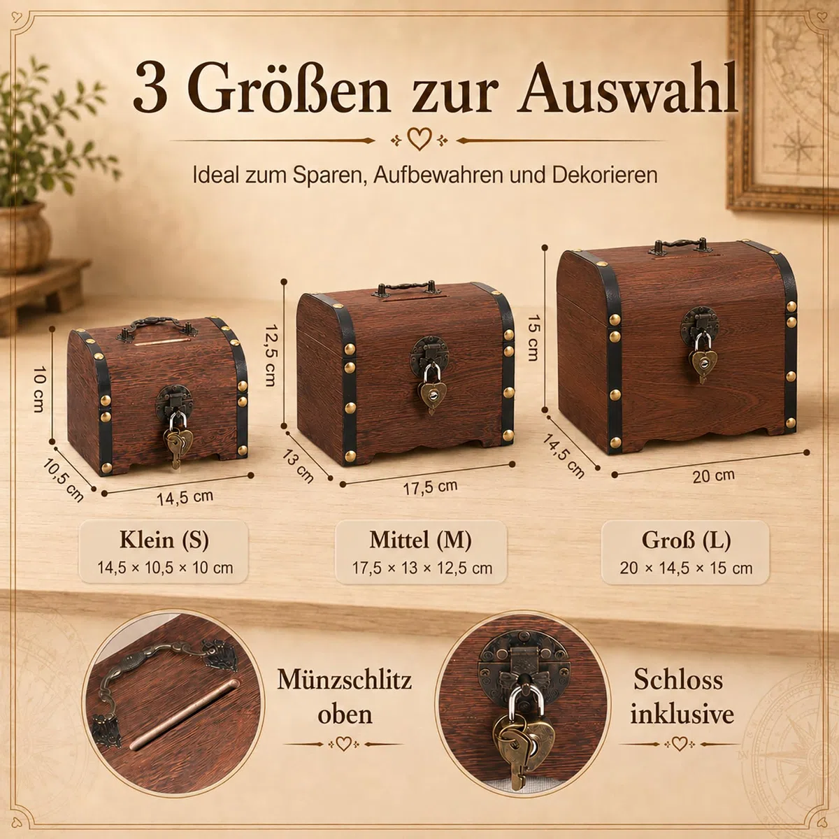 Schatztruhe Holz, Schatzkiste Kindergeburtstag, Schatztruhe Kindergeburtstag, Schatzkiste mit Schloss und Schlüssel, für Aufbewahren, Kindergeschenk(17.5 x 13 x 12.5 cm)