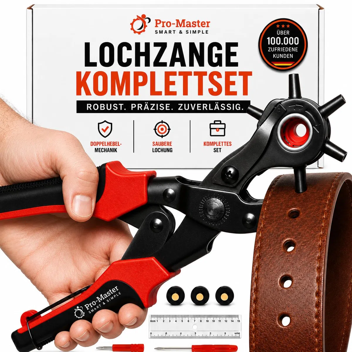 PRO-MASTER robuste Lochzange für Leder & Gürtel, Komplettset mit 6-fach verstellbarer Revolverlochzange 2–4,5 mm, Gürtellocher Set für Hundehalsband, Lederarmband, Stoff, Canvas, Gummi & Kunststoff
