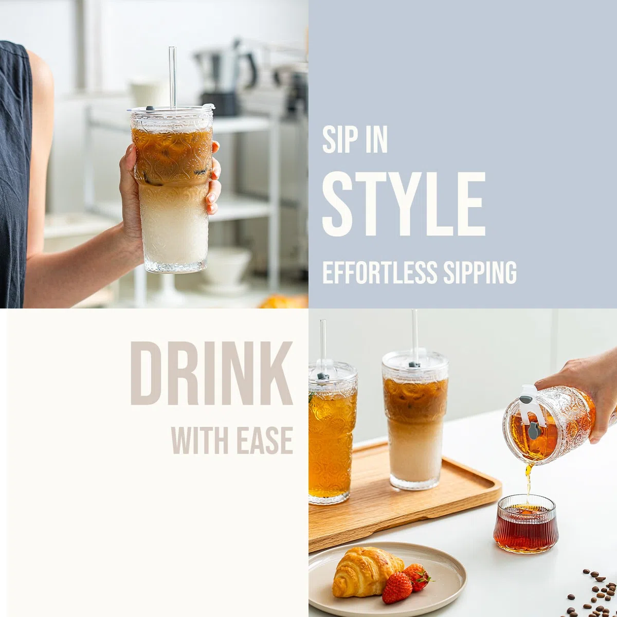 SoulTimes 600 ml Glasbecher mit Deckel und Strohhalm, 2 Stück – Eiskaffee-Gläser To Go, Trinkbecher für Smoothie, Matcha, Saft & Wasser, auslaufsicher, perfekt für Alltag und unterwegs