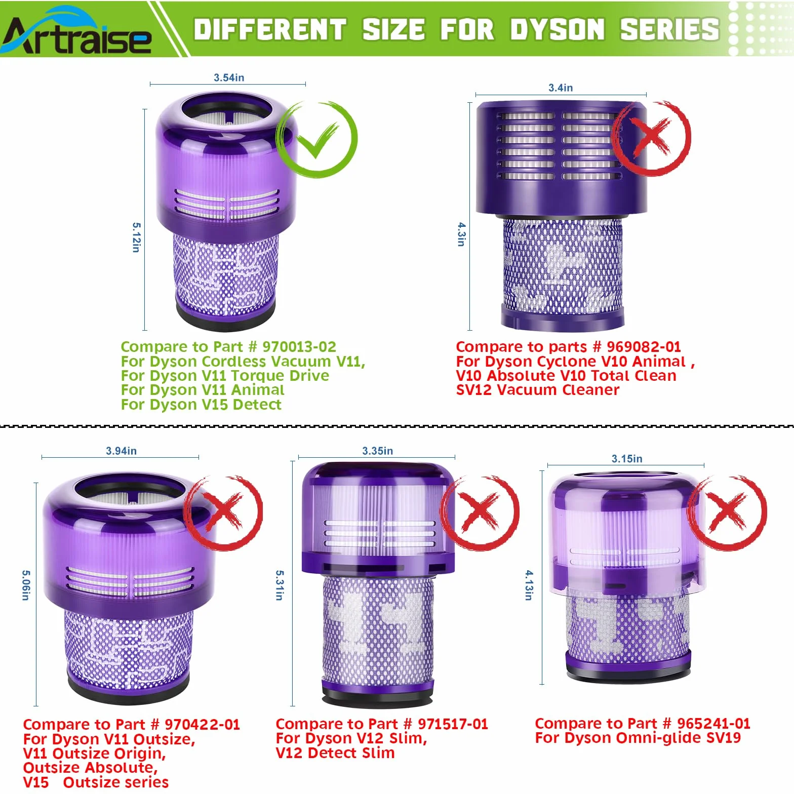 Artraise V11 V15 Filter für Dyson, 3 Stück Waschbar Ersatzfilter für Dyson V11 V15 SV14 SV22 Absolute Animal Detect Cyclone Extra Pro Torque Drive Akku Staubsauger # DY-970013-02 & 97001302