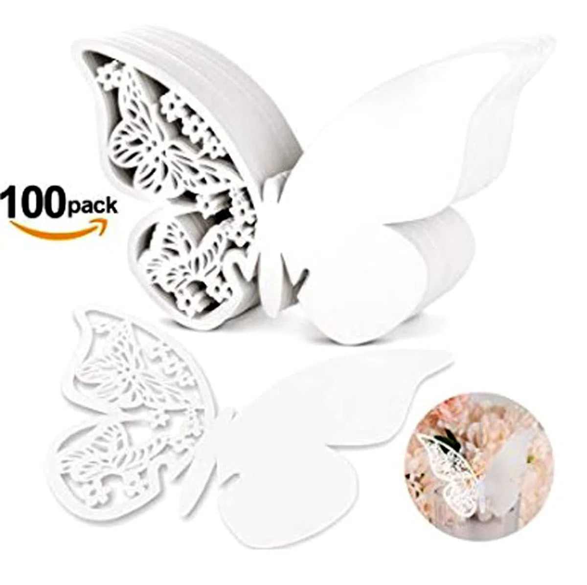 Wambere 100 Stück Schmetterling Trichterwinde Tischkarten Namenskarten Glasanhänger Wandsticker für Tischdeko Hochzeit Party Haus Deco,Schmetterling Tischkarten Laser Platzkarten Namenskarten,Weiss