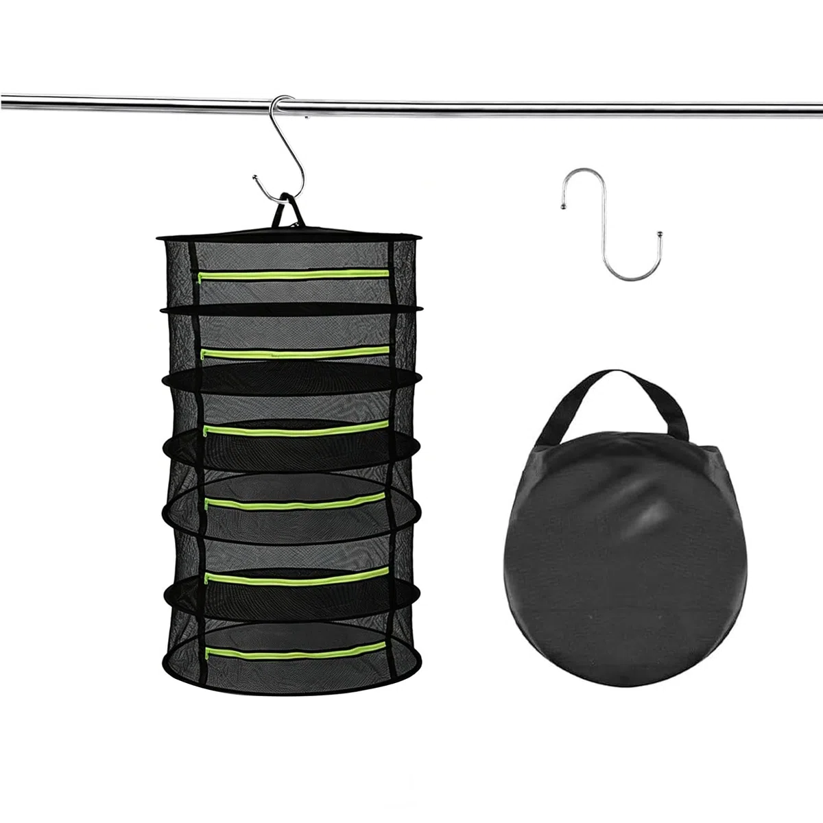 Trockennetz Kräuter 6-Lagiges Kräutertrockner Hängend mit S-förmige Haken Kräuter Trocknungsnetz mit Reißverschluss Klappbar Aufhängen for Plants, Vegetables, Herbs (Schwarz)