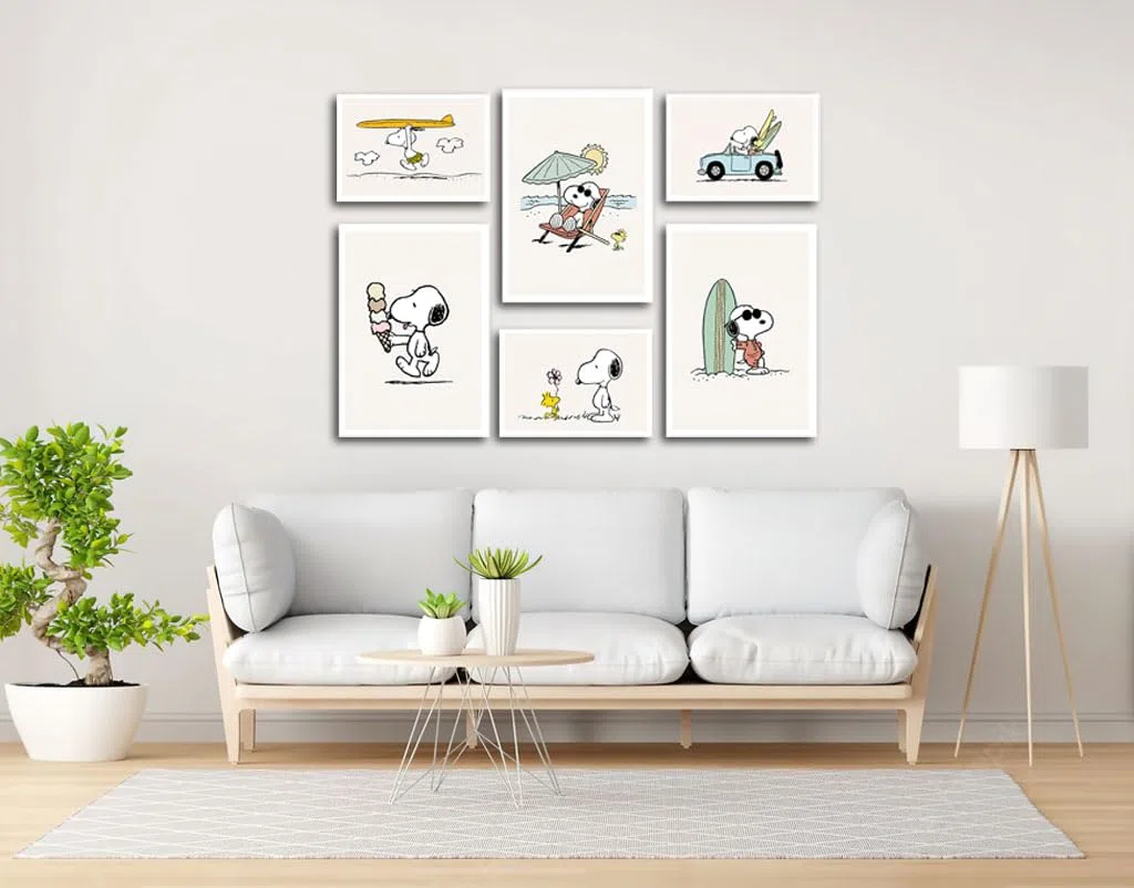 DKORARTE Set mit 6 dekorativen Wandbildern für moderne Wohnzimmer, Schlafzimmer, Zimmer, ohne Rahmen, Kinder, Zeichnungen, Plüsche, Snoopy (3 x A3 (41 x 29,7 cm), 3 x A4 (29,7 x 21 cm))