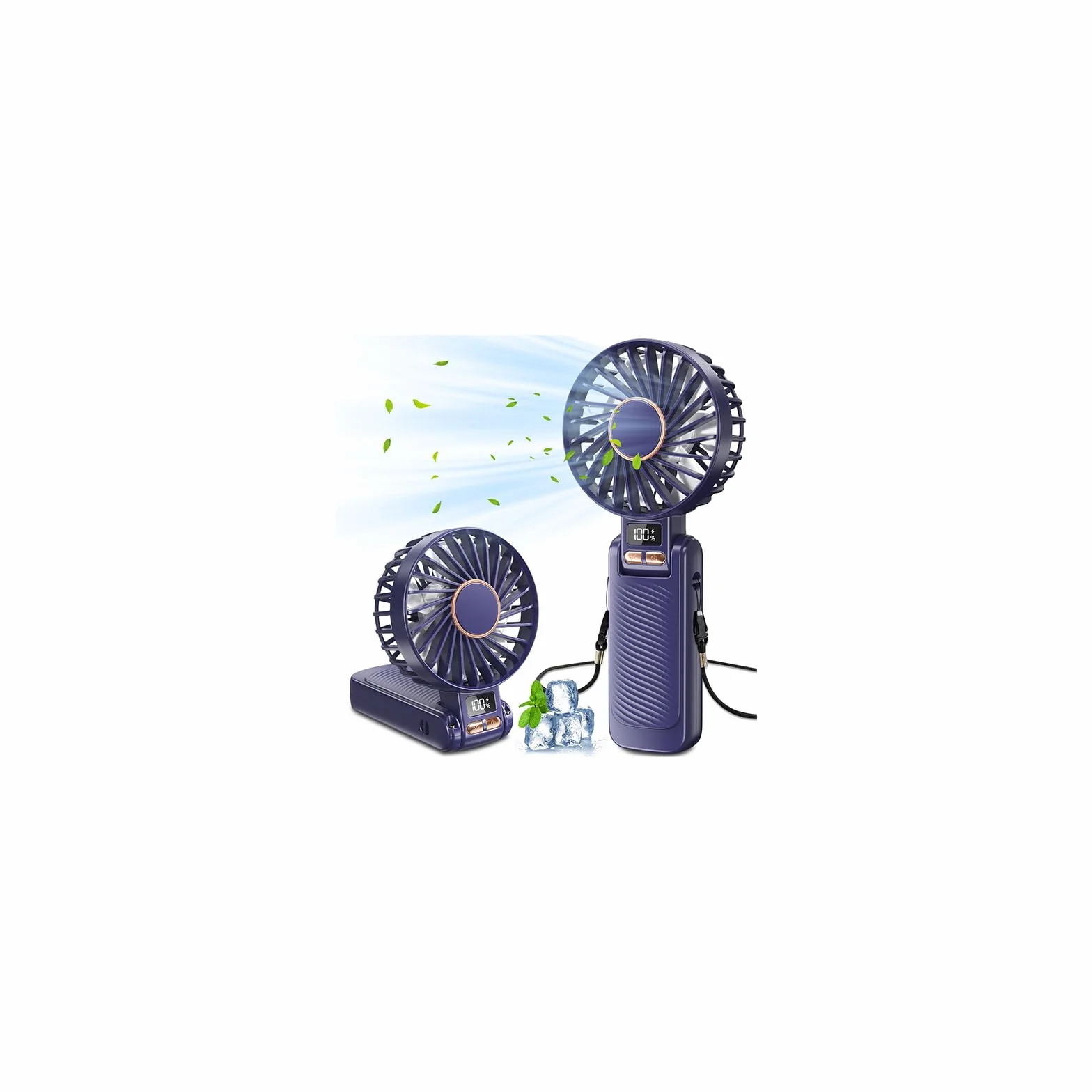 Handventilator, Tragbarer Mini-Ventilator mit 4500mAh Akku Aufladbar, 5 Stufen und Lange 20Std, LED-Anzeige, Leise und Leistungsstark, 3-in-1 Hand/Schreibtisch/Halsventilator