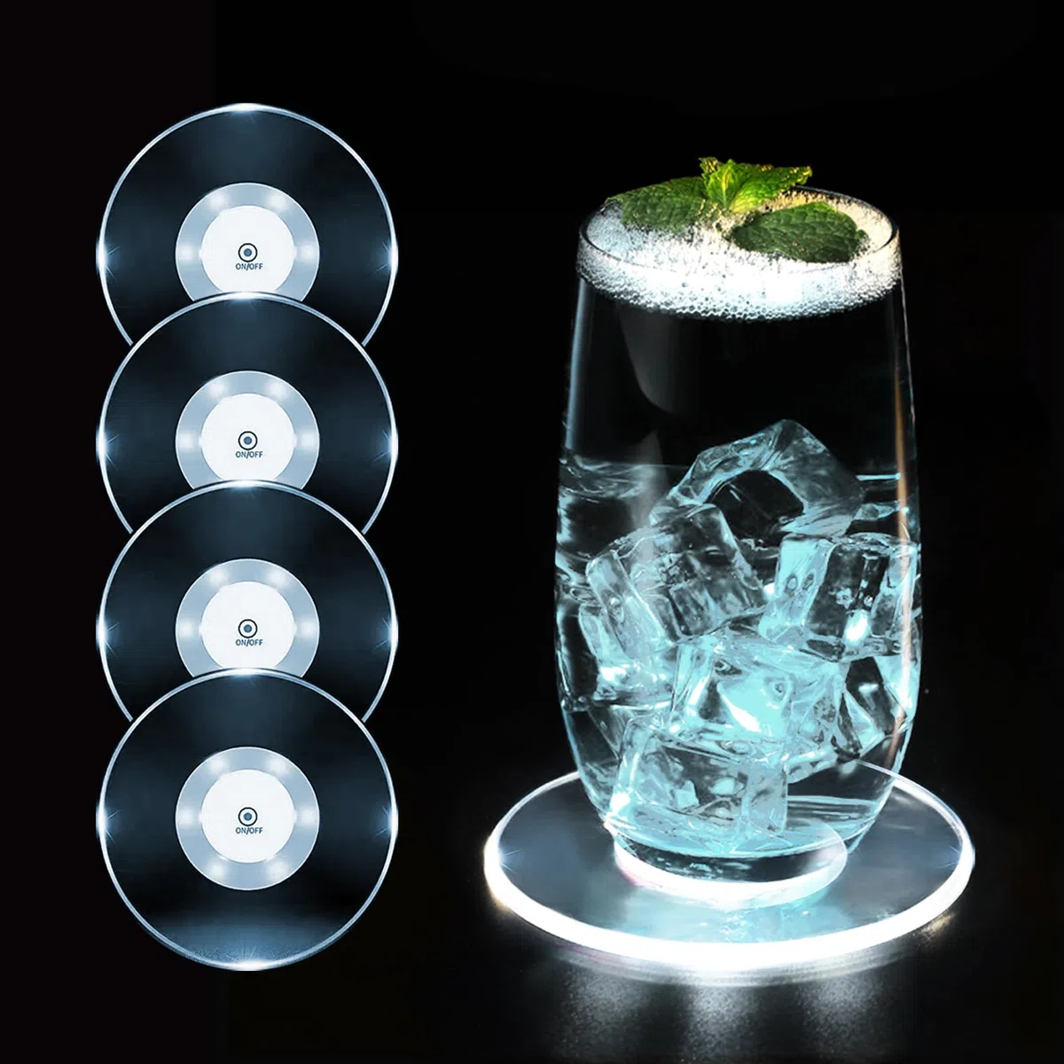 4er-Set Kühle Weiß LED Untersetzer für Getränke, ON/Off Wasserdicht Rund Untersetzer Acryl für Gläser Flaschen Partys Hochzeiten Bar Weihnachten Pub