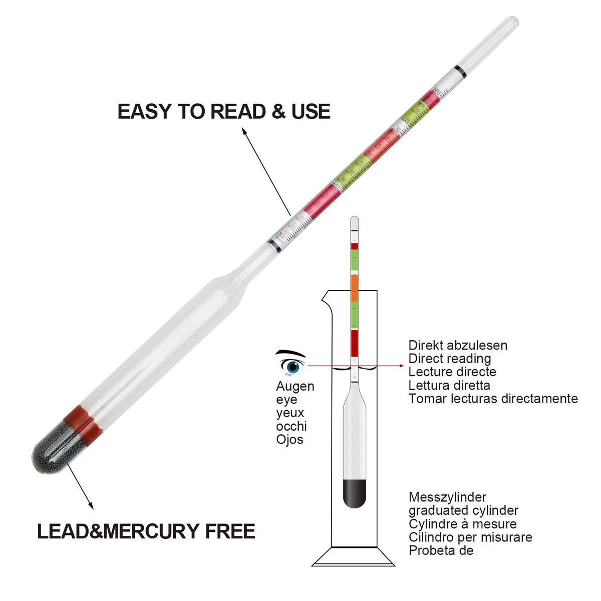 Zuckergehalt Messgerät Winzer Hydrometer für Hausbrauwein, Obstwein, Bier - Alkoholmeter zur Messerung von Dichte, Zuckergehalt, potentiellen Alkoholgehalt vor der Gärung(Anleitung in Deutsch)