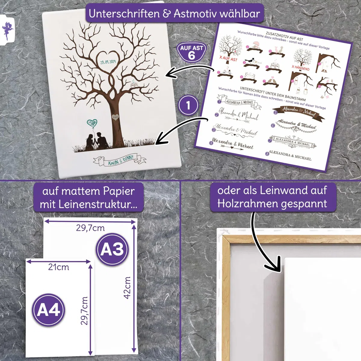 FEENSTAUB Hochzeitsbaum personalisiert, Gästebuch Alternative Hochzeit, Fingerabdruck Hochzeit, Weddingtree, Leinwand Gästebuch, Hochzeitsbaum Fingerabdruck, Baum auf Leinwand oder Papier