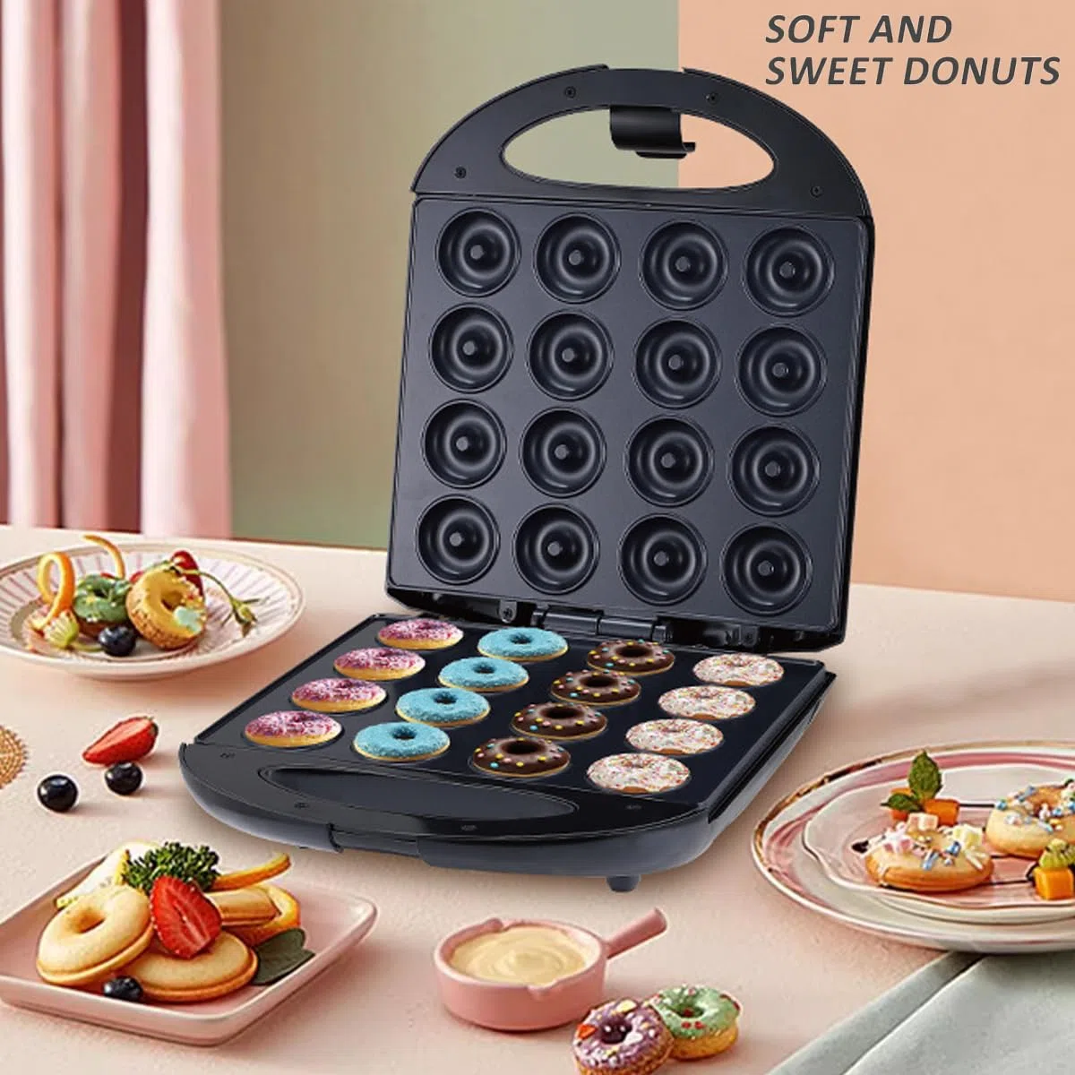 SOKANY SK-08002 1400W Donut Maker, Mini-Donut-Maker für 16 Mini-Donuts, Antihaftbeschichtung, Automatische Temperaturregelung, BPA-frei