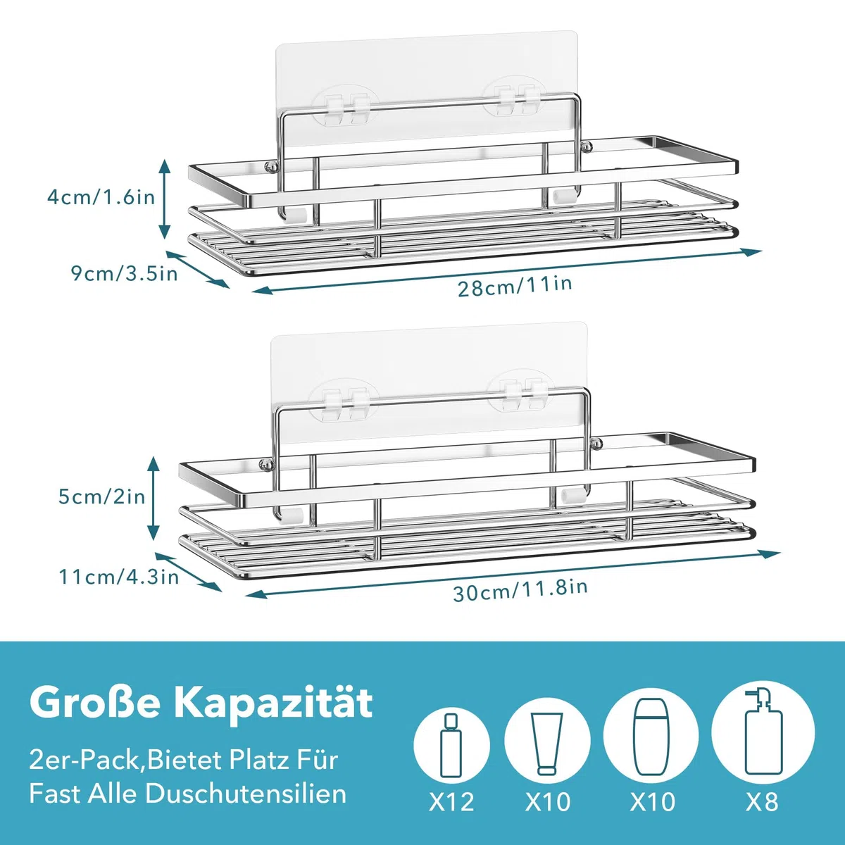saffruff Duschablage Ohne Bohren 2 Stück Duschregal Duschkorb Badezimmer Organizer Badezimmer Regal Badregal Shampoo Halterung Dusche Küche Bathroom Rrganizer mit 2 Klebeflächen Silber